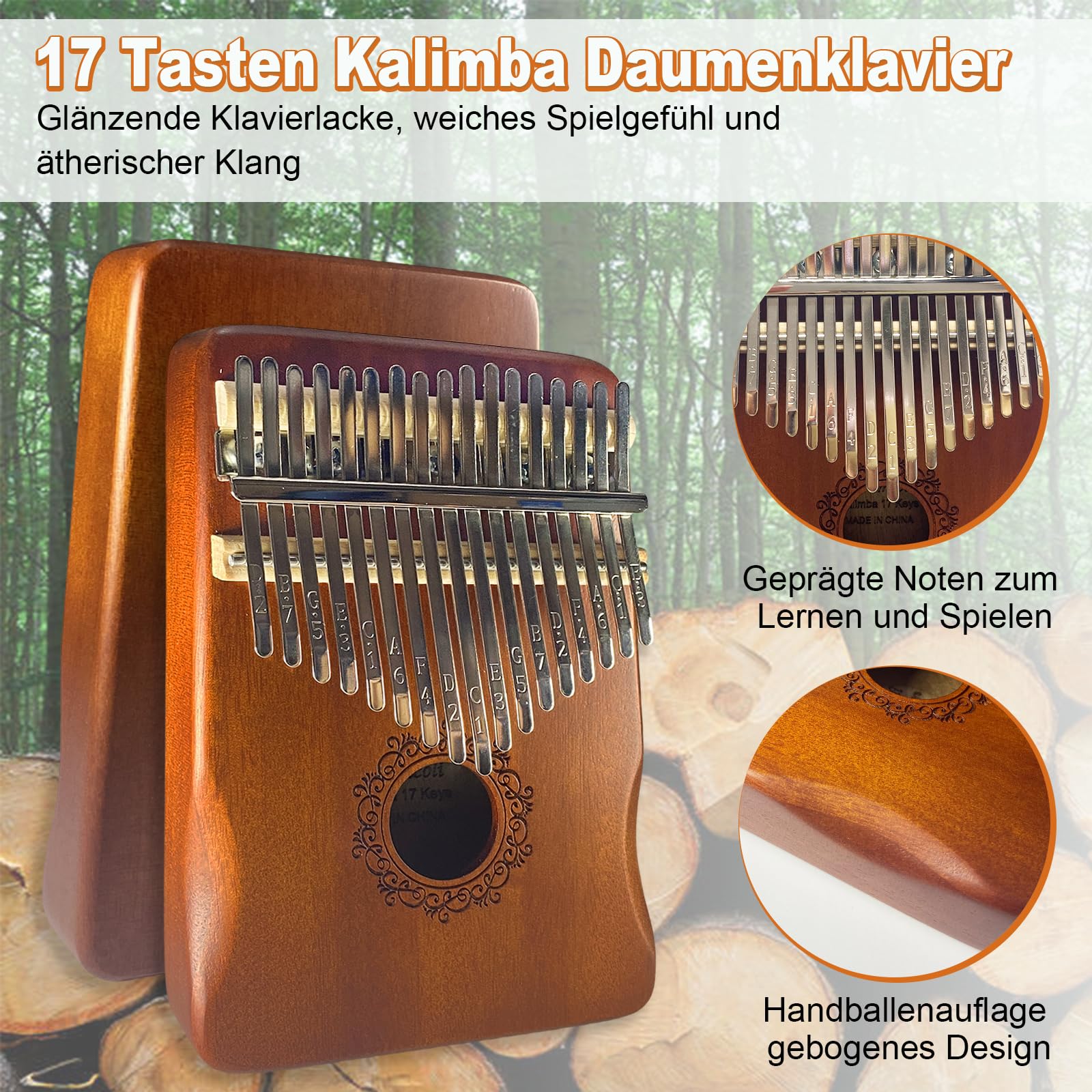 Kalimba - 17 Keys Instrument Mit Lernwerkzeuge, Finger Percussion, Professionelles Daumenklavier für Kinder, Erwachsene und Musikliebhaber (Braun)