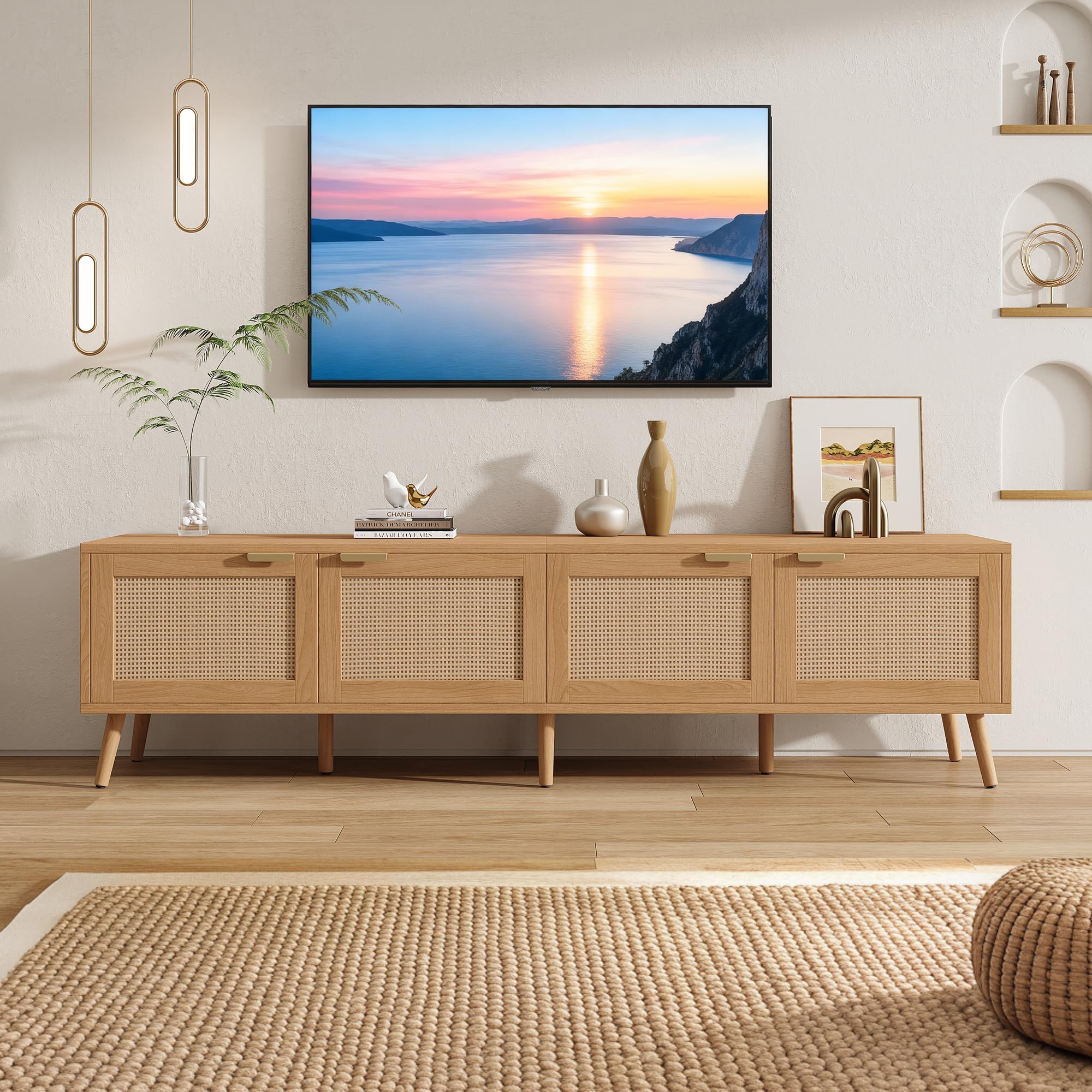 Merax Boho TV Stand for 80 Inch TV, 70" Rattan Entertainment Center with 2 Drawers and 3 Storage Cabinets, TV Media Console Table with Solid Wood Legs