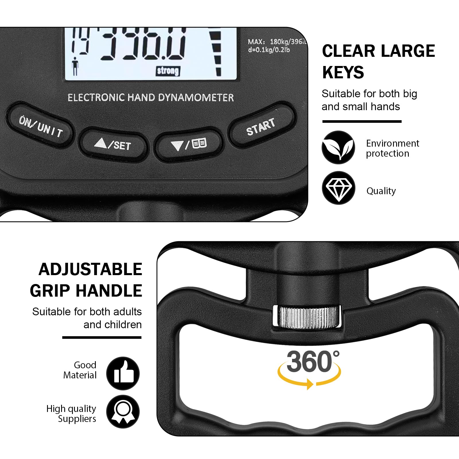 Appareil de force portatif numérique : dynamomètre manuel 180 kg, compteur de force de préhension électronique, écran LED, entraînement de force avec câble de charge USB, appareil de force de