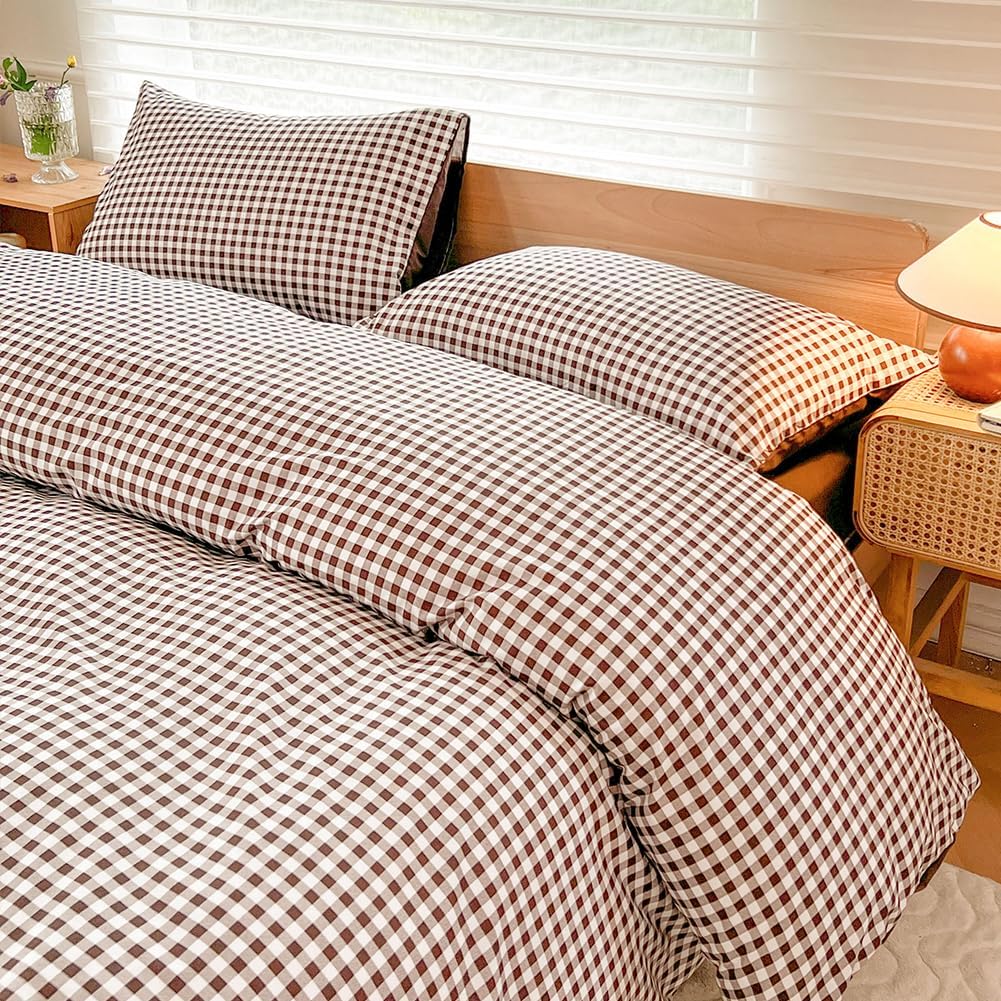 NSNLGSGC Mocha Gingham Duvet Cover Set Queen, Dark Tan Grid Simple Geometric Square Pattern Comforter Cover,Soft Plaid Washed Microfiber Bedding Cover(3PCS,Queen) - Image 4