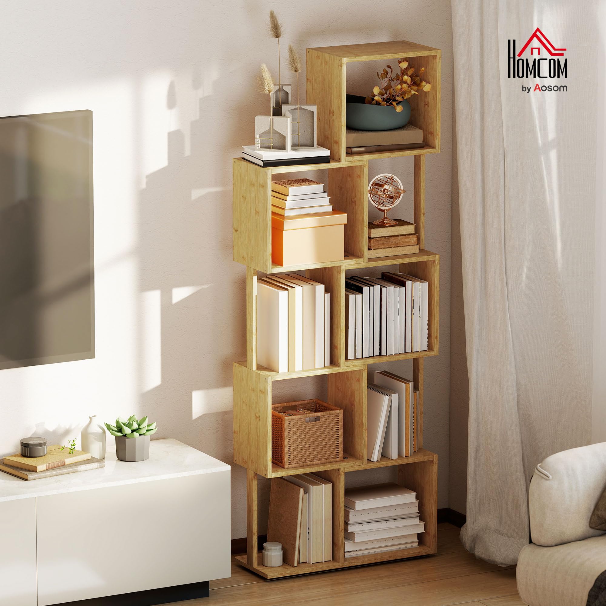 HOMCOM Libreria Scaffale a 5 Ripiani Suddivisi in Bambù a Forma di S, Libreria Verticale Salvaspazio Slim, Scaffale Portaoggetti per Soggiorno, Camera da Letto e Ufficio, 62.5x23x165 cm, Color Legno