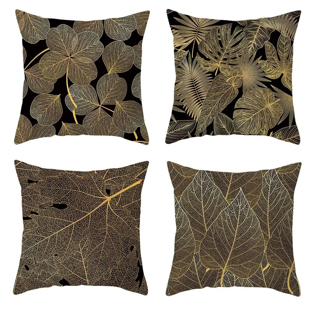 Hoja negra Fundas de Cojines 55x55cm , Juego de 4 Fundas de Cojines, Impermeable Lino Doble Cara Cuadradas con Cremallera Invisible Decorativos Cojines para al Aire Libre Sala de Estar Sofá Decoración