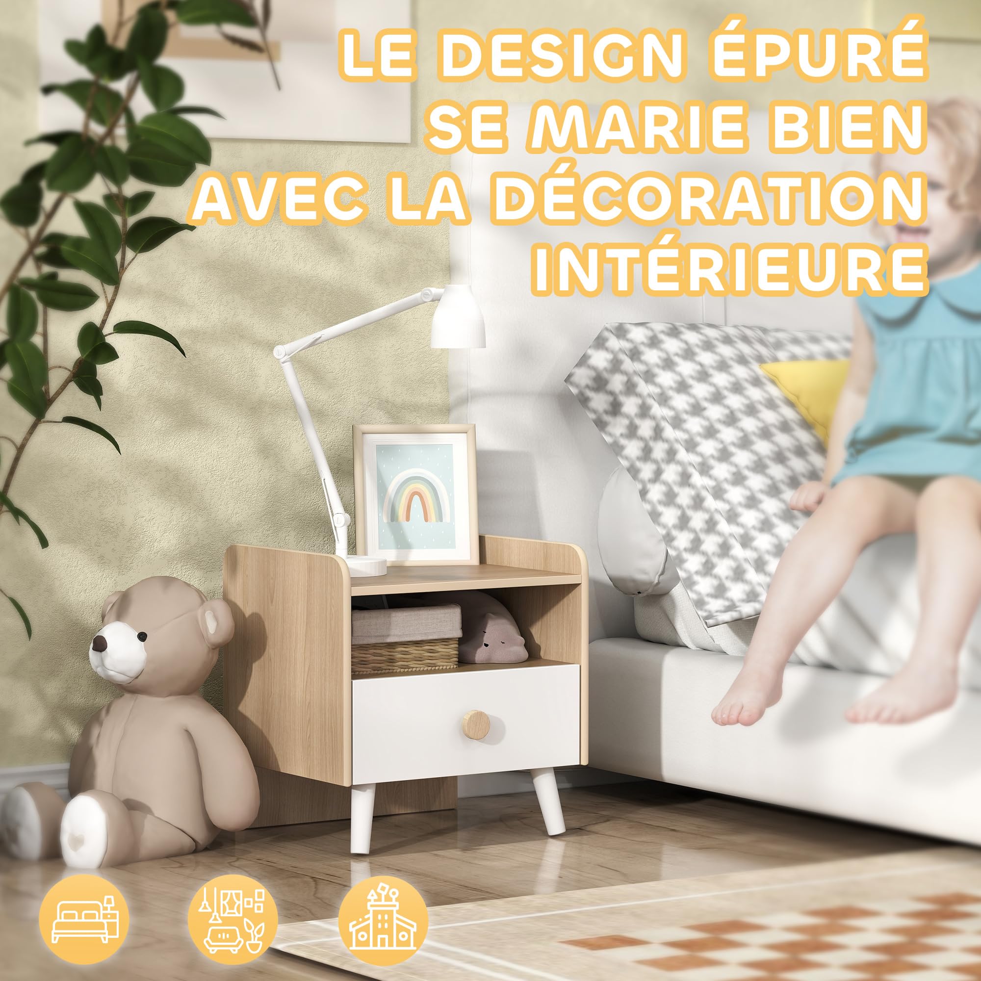 AIYAPLAY Table de Chevet Enfant Table de Nuit Enfant avec tiroir et Niche, Petite Table d'appoint en Bois pour Chambre d'enfant, 40L x 32,5l x 40H cm, Blanc