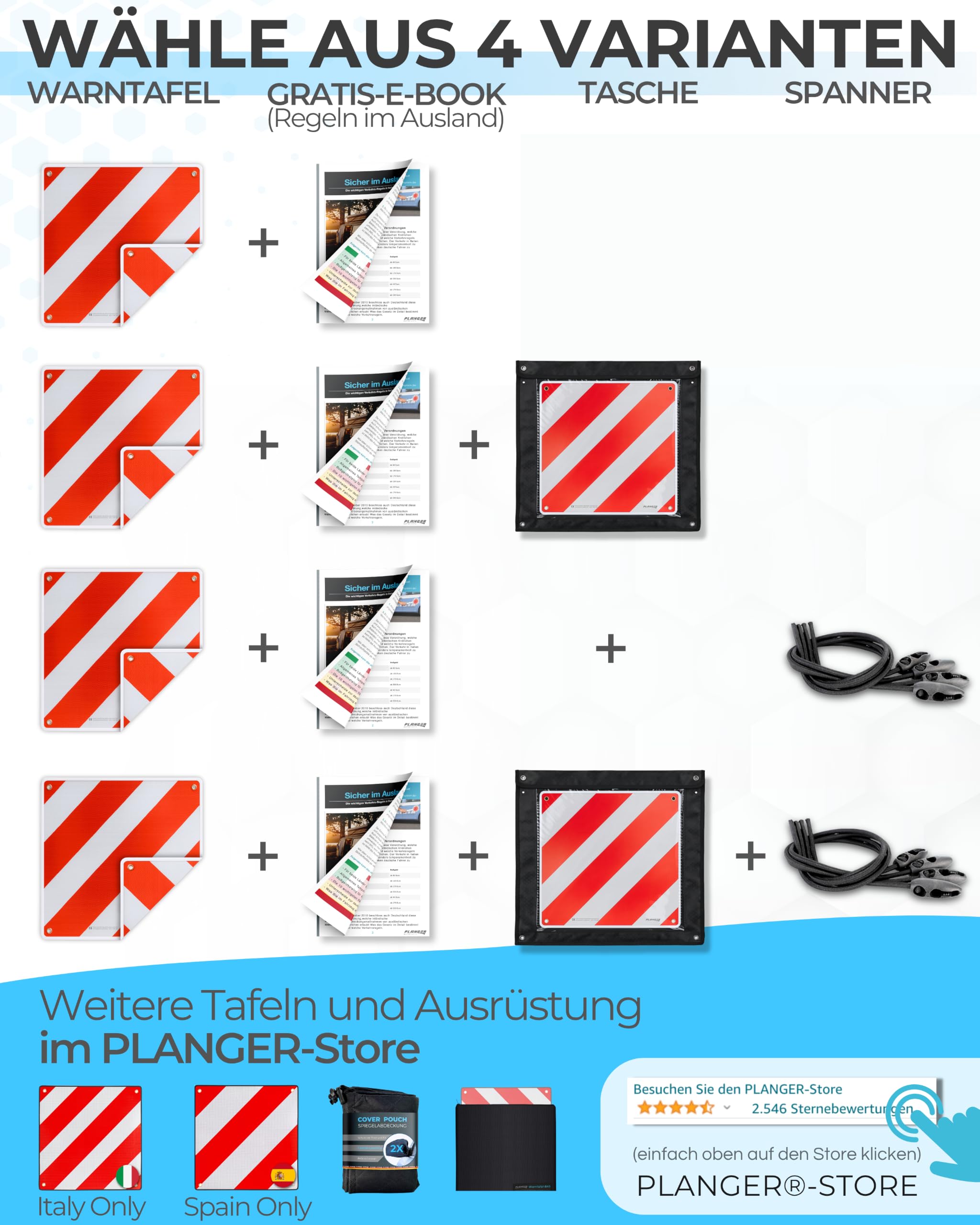 PLANGER® - Panneau d'avertissement Italie et Espagne (Panneau + Tendeur) 2en1 (50 x 50 cm) - Panneau d'avertissement réfléchissant rouge et blanc pour porte-bagages arrière et porte-vélos