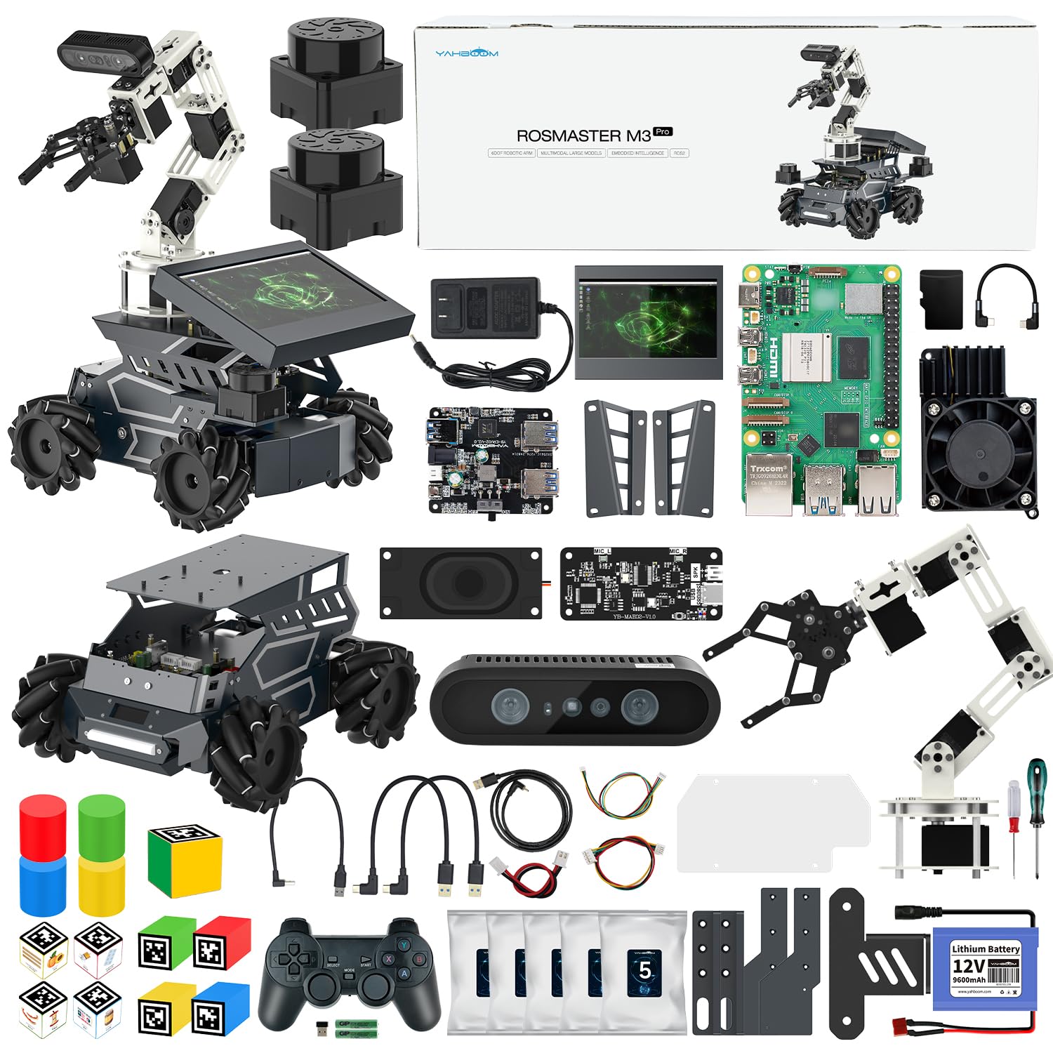 Yahboom ROS2 Robot RPi5 16GB with Mecanum Wheel Support Multimodal AI Large Model, AI Voice Interaction, Vision Recognition (with Display-Pi5-16GB Ver)