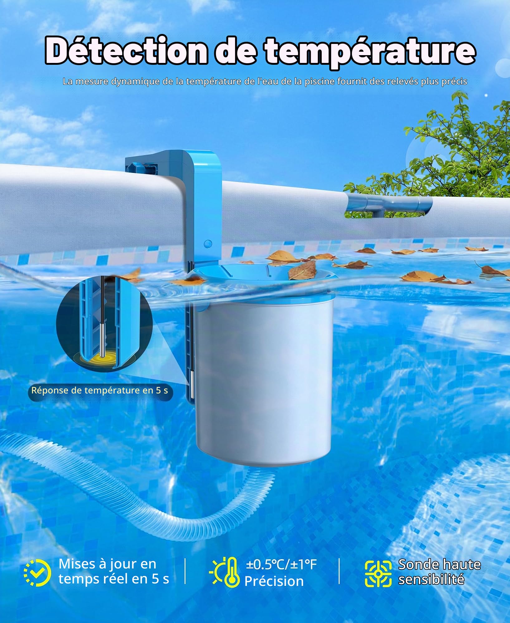 LuxBlue Skimmer Piscine Hors Sol avec Thermometre Piscine Solaire Digital, Skimmer de Surface Mural avec Support Réglable,Ecumoire Piscines Haute Résistance,Ramassage automatique de Feuilles et Débris