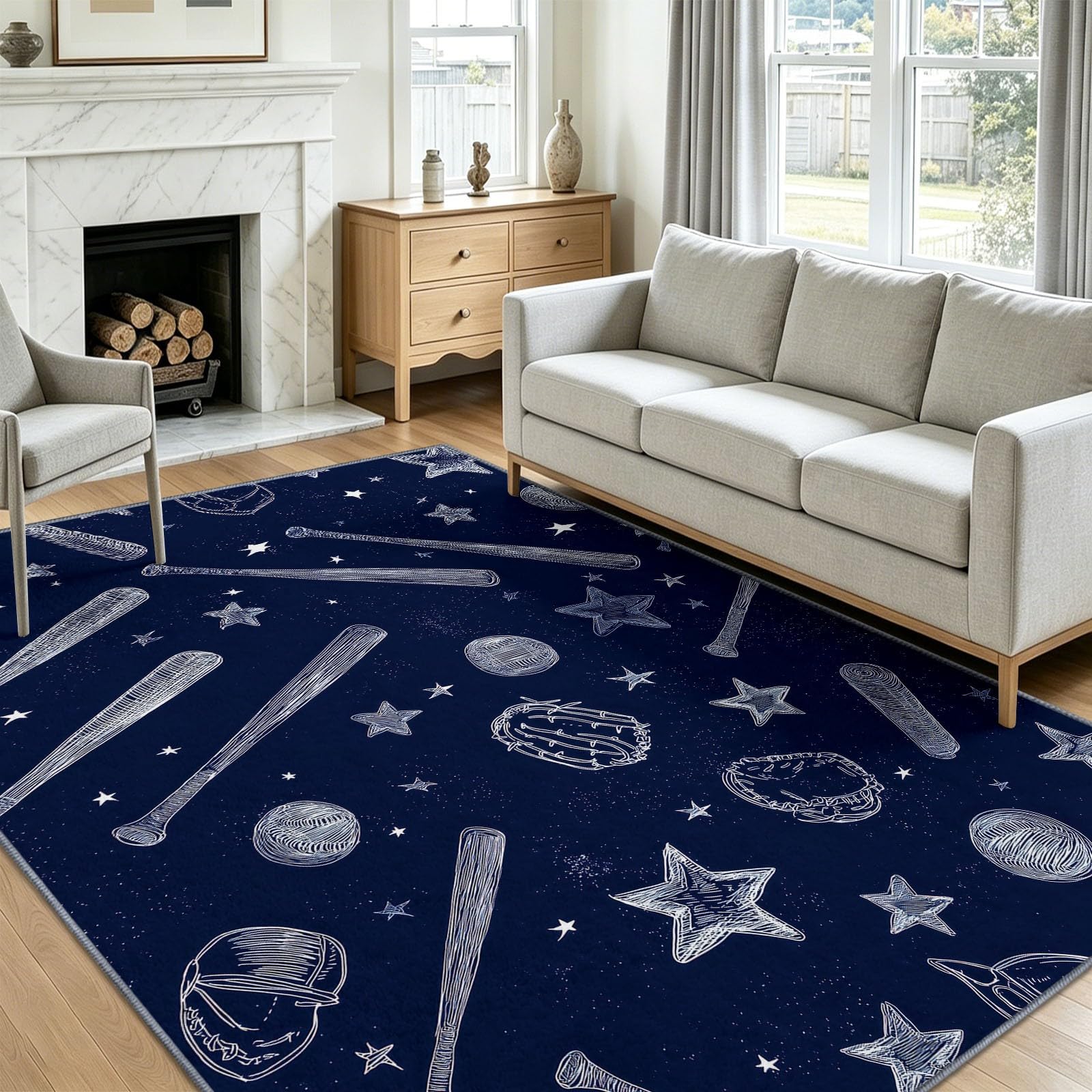 Generisch Teppich Wohnzimmer Waschbarer Sport Wettkampf, Kurzflor Teppich Großer Baseball Stern Tiefblau Schlafzimmer Teppiche rutschfest für Esszimmer Büro Bereich Dekor 80x150 cm