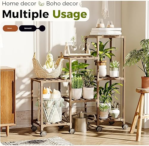 Miniatura 3 de Bamworld - Soportes para plantas de interior, estante escalonado de madera al aire libre para múltiples plantas, 3 neumáticos, 7 escaleras, soporte