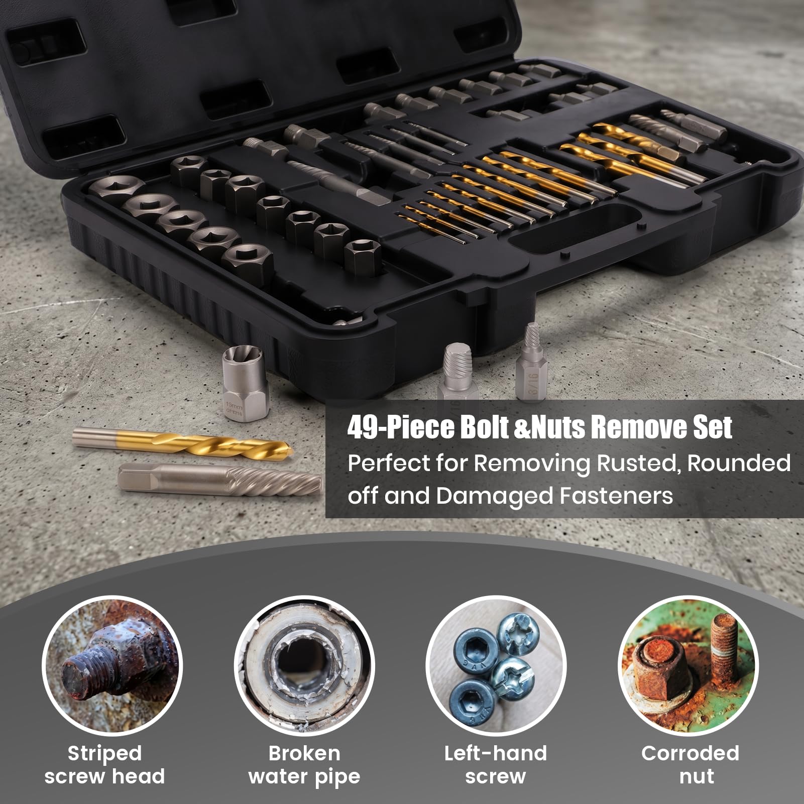 Set di Estrattori per Viti Rotte 49 pezzi, Kit di Bussole per Estrazione di Utensili Rimozione Bulloni Danneggiati con Punte da Trapano e Adattatori per Maschi per Domestiche Officina Garage