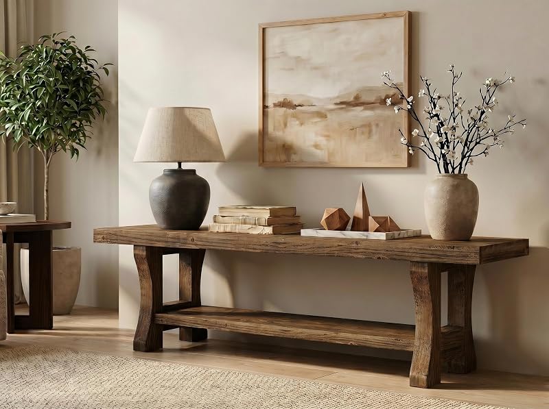 Solid Wood TV Stand with 2-Tier Open Storage Shelves, Farmhouse 55.1" Media Console for Living Room Bedroom, Easy Assembly, Dark Brown