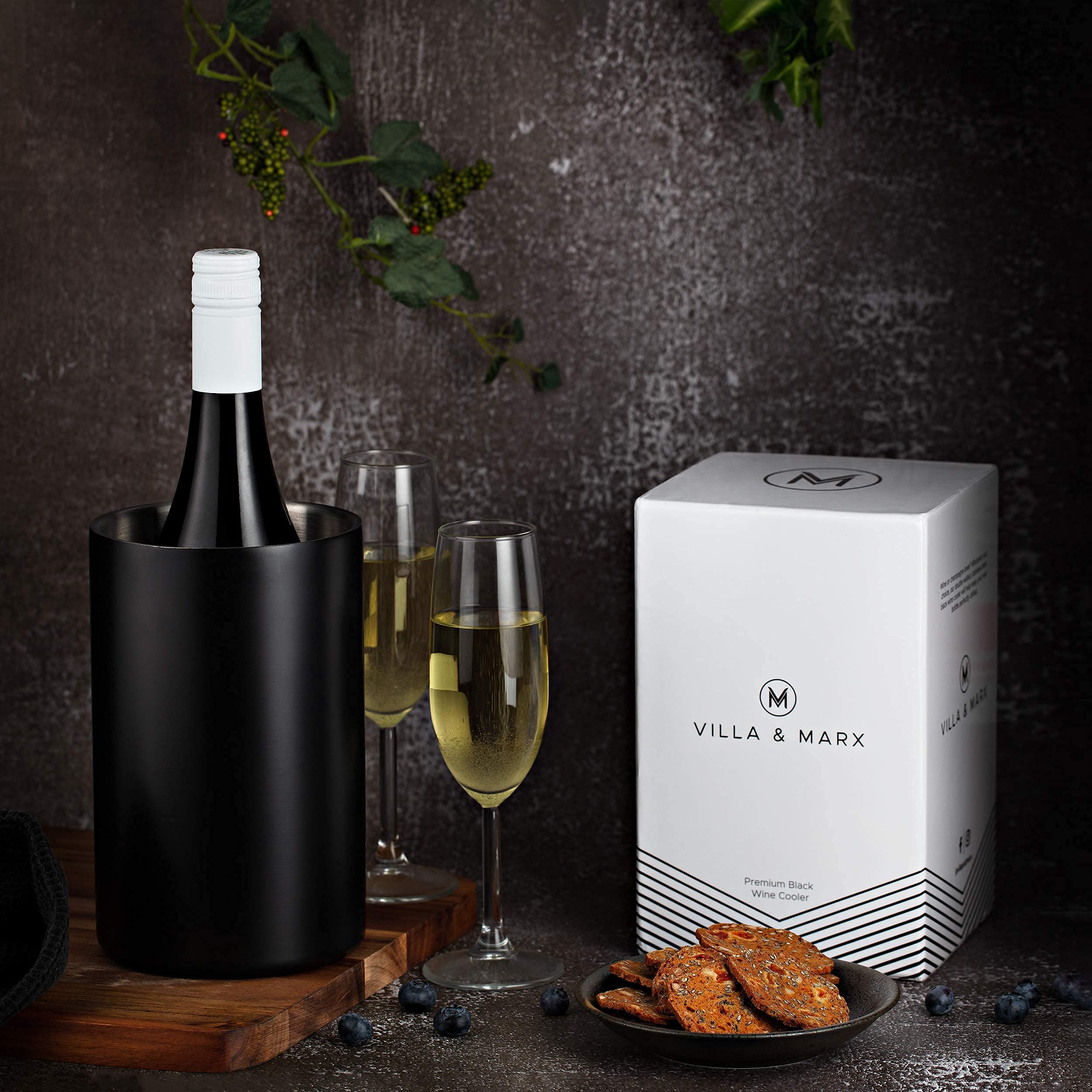 Villa & Marx Weinkühler Edelstahl - Flaschenkühler für Wein, Champagner und Weißwein - Doppelwandiger Sektkühler aus Metall - Sekt Flaschen Kühler mit Premium Geschenkbox (Schwarz Weinflaschenkühler)
