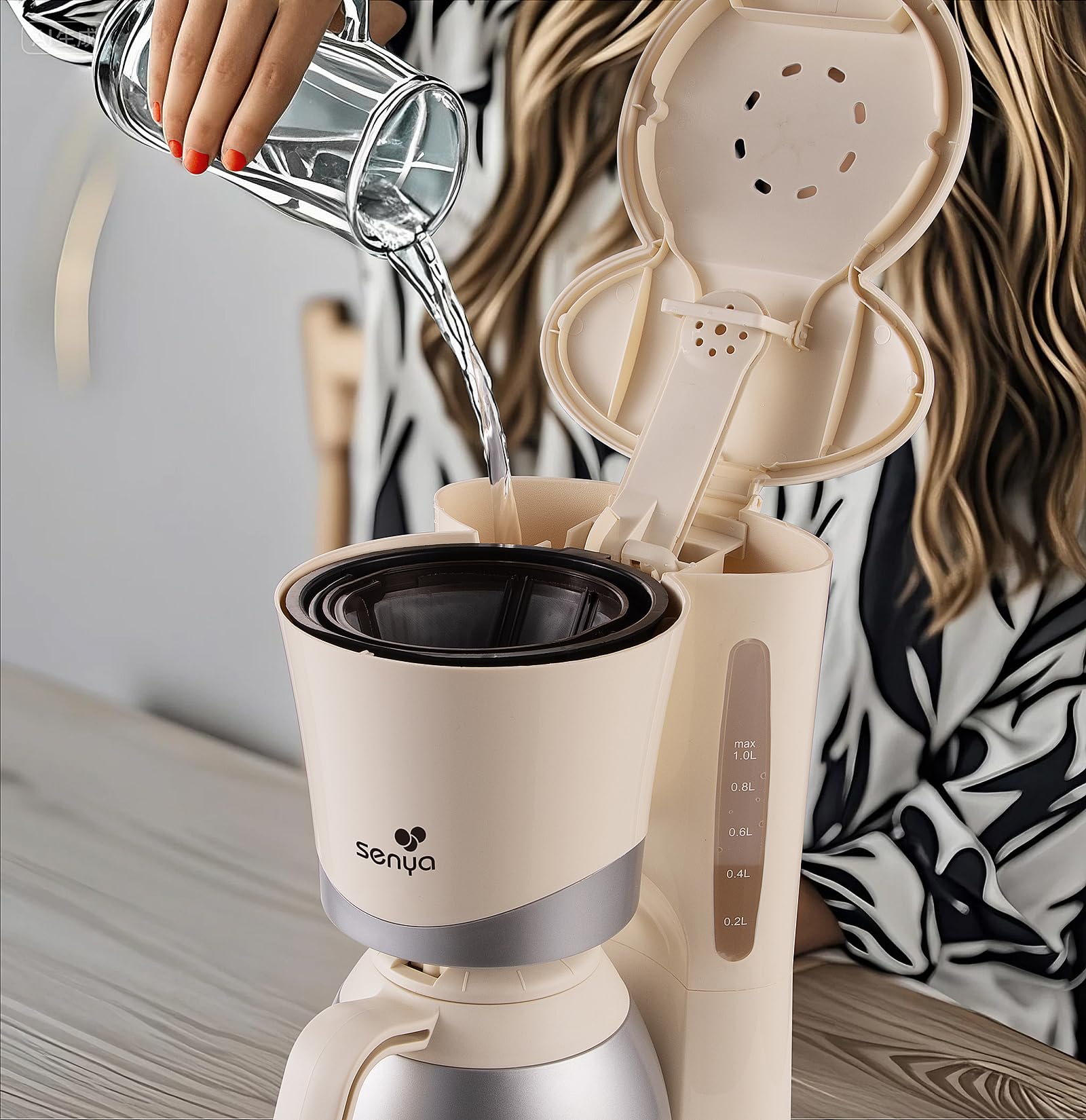 SENYA Cafetera Eléctrica Crema 1L – Cafetera Filtro con jarra Isotérmica, compacta y elegante, apagado automático, fácil de usar y limpiar