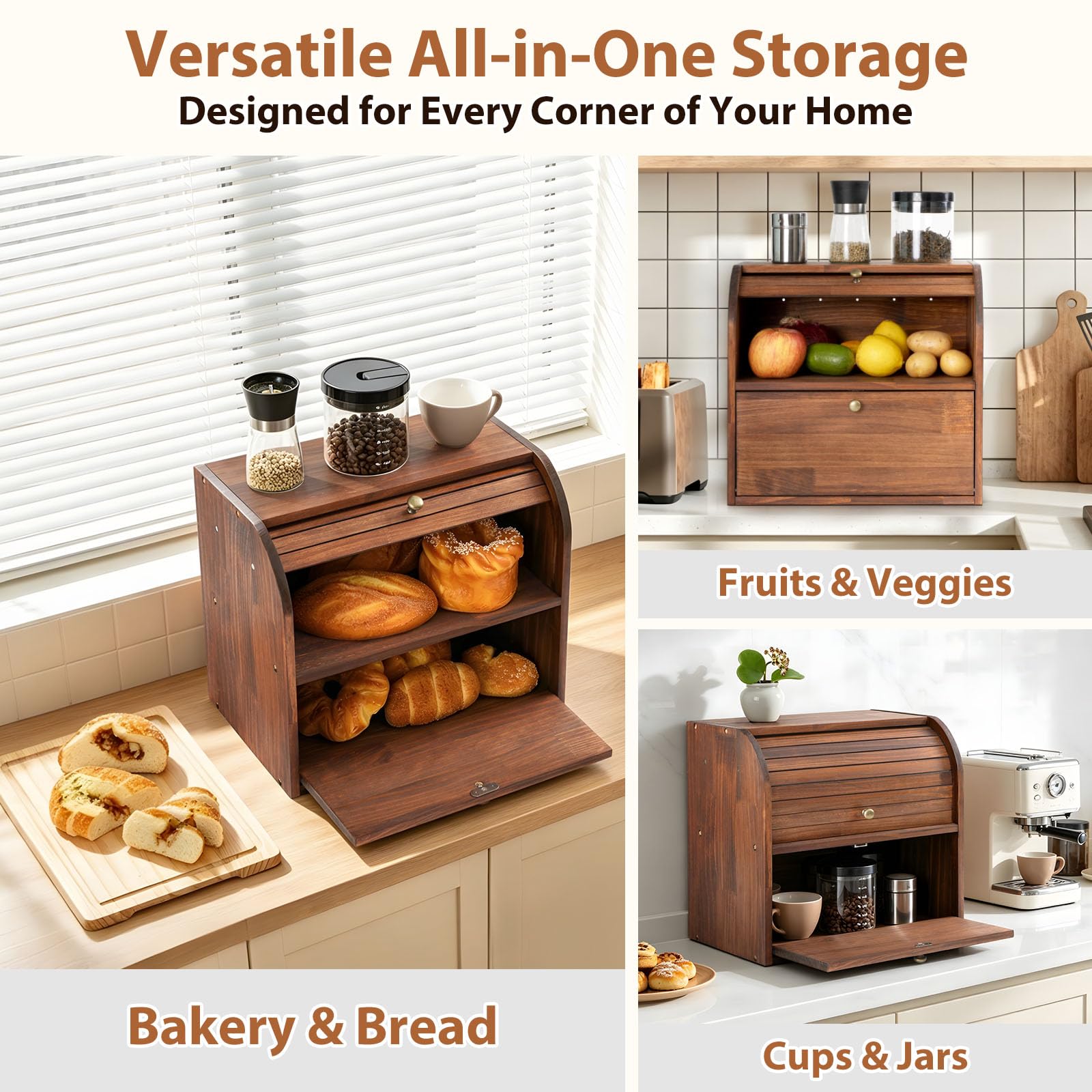Wooden Bread Box - Keep Bread Fresh & Organized -7