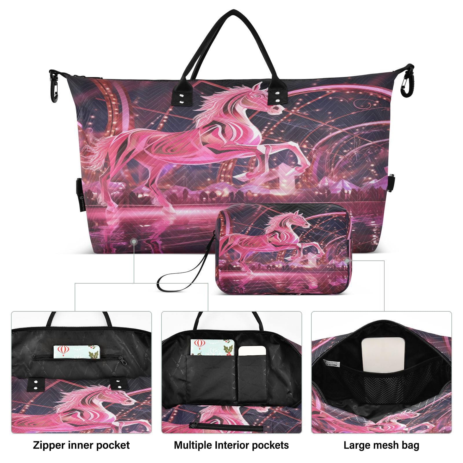 Pink Space Horse Sports Swim Gym Bag Weekender Duffel Travel Bags Handbag with Makeup Storage Bag for Girls Men