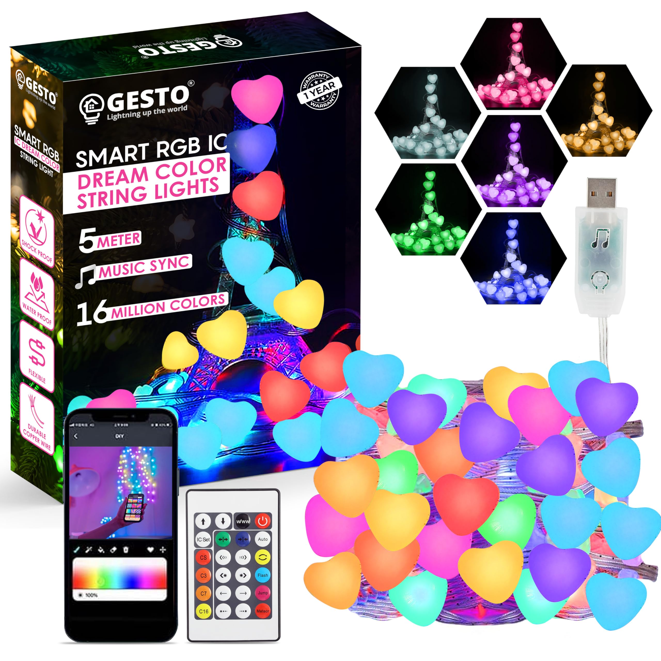 Gesto 5V Heart String Lights - 33 LED Smart Led Lights with Remote and App Control, RGB Color Changing Fairy Lights USB Powered, Dimmable Music Sync Lights for Room,Diwali Decoration(5 Meter)
