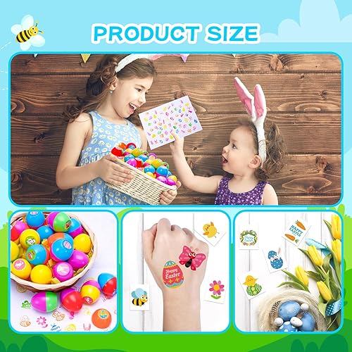 Miniatura 5 de Max Fun 24 sellos de huevos de Pascua precargados con 24 calcomanías de tatuajes de Pascua para niños, juego de caza de huevos de Pascua, rellenos
