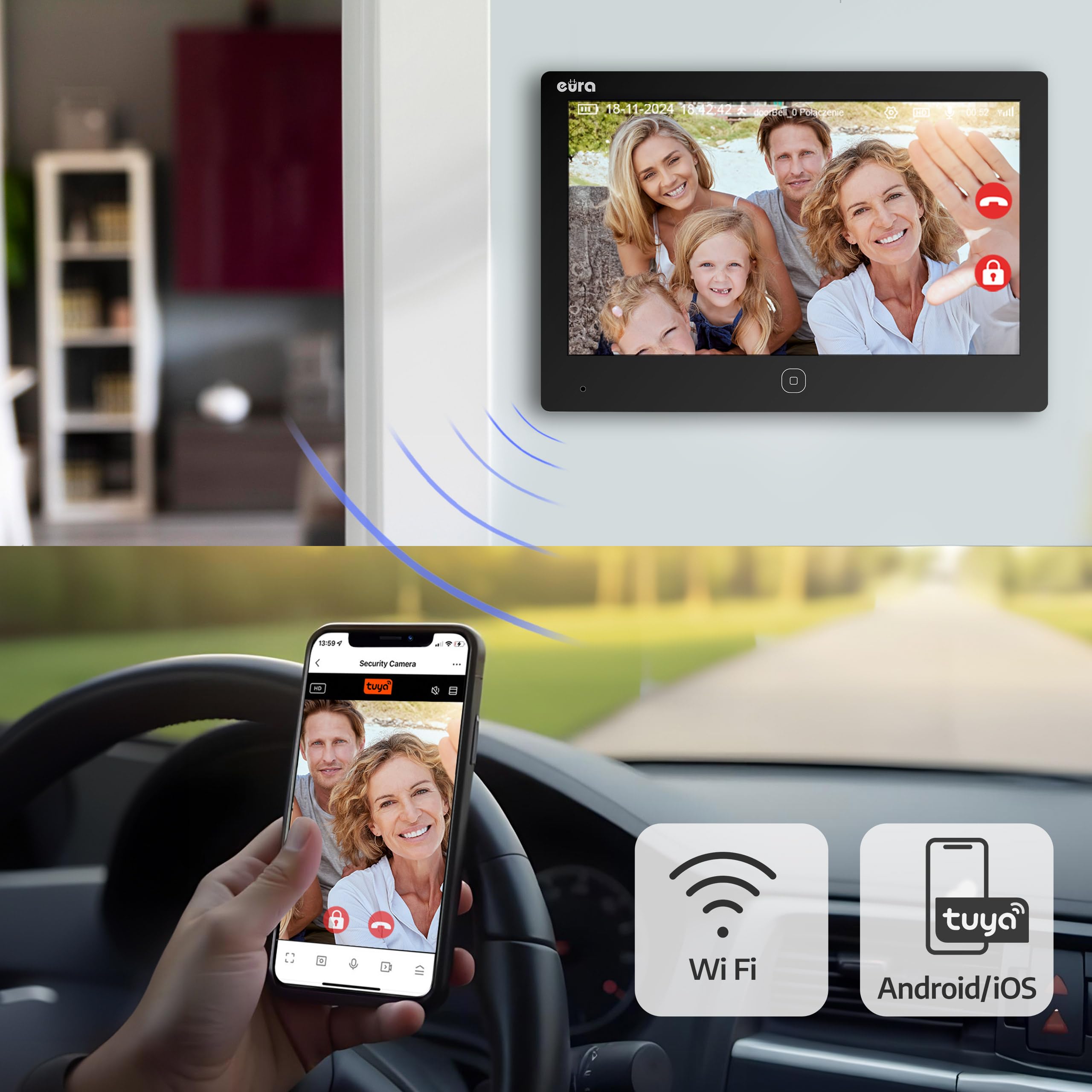 EURA VDP-45A3-2TY VDP-49A3-2TY TUYA wideodomofon WiFi, AHD, RFID, kolorowy monitor 7", dwuprzewodowy, czarny