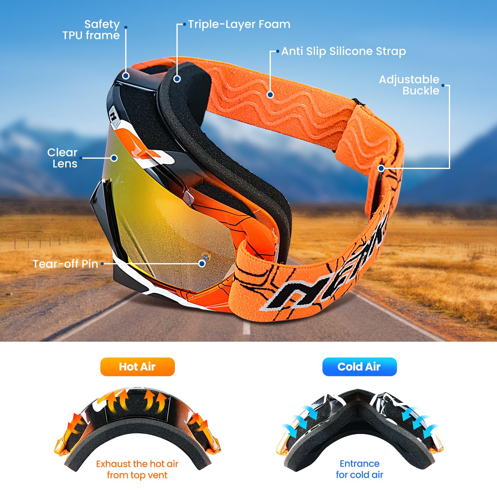 Lunettes de Moto cross, Lunettes de Protection Anti-UV, Lunettes de ski pour Activités de plein air, Masque Moto cross confortables
