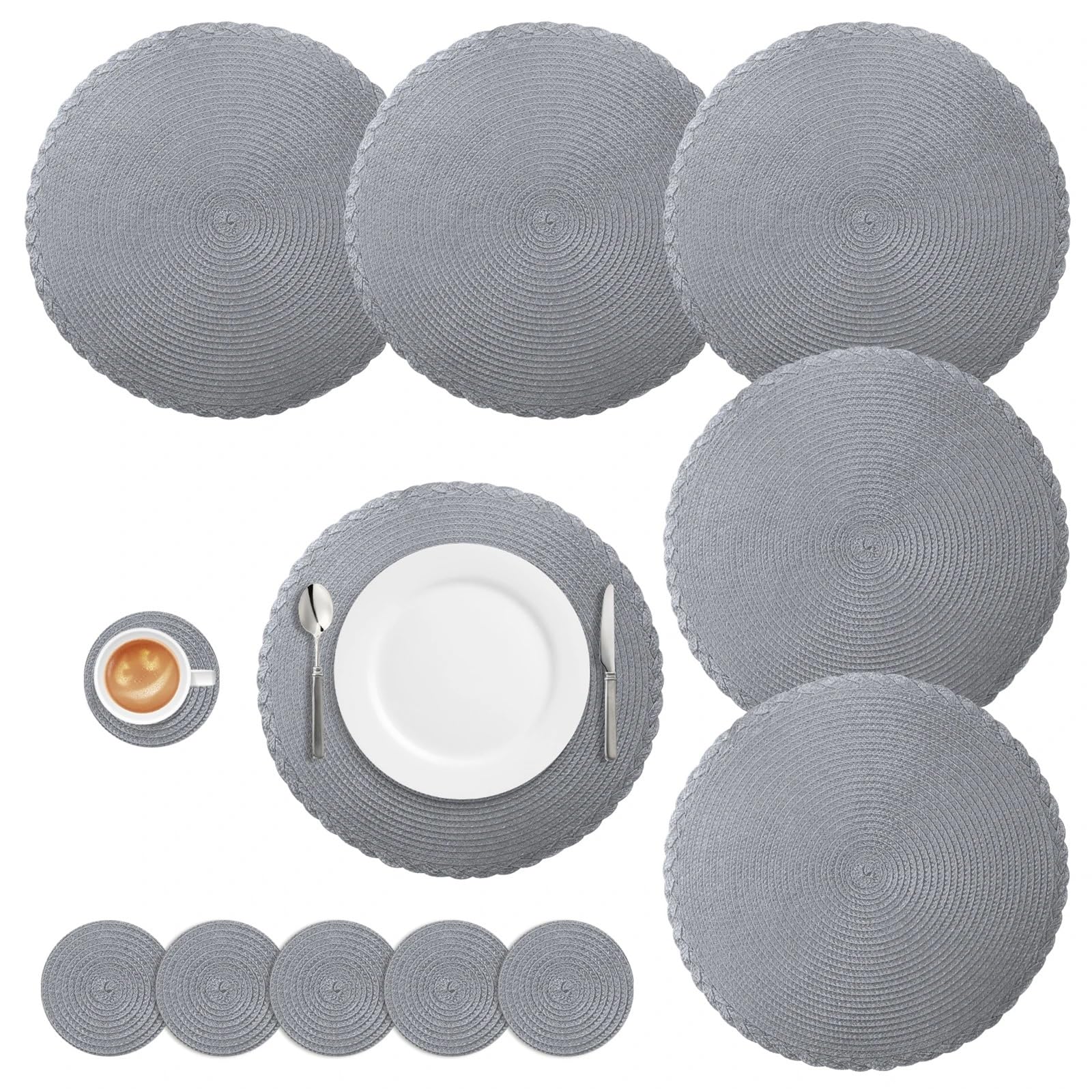 Placemats And Coaster Sets Set of 6 Round Placemats and Coasters Braided Woven Place Mats Washable Heat Resistant Table and for Dining(Orange 10M)