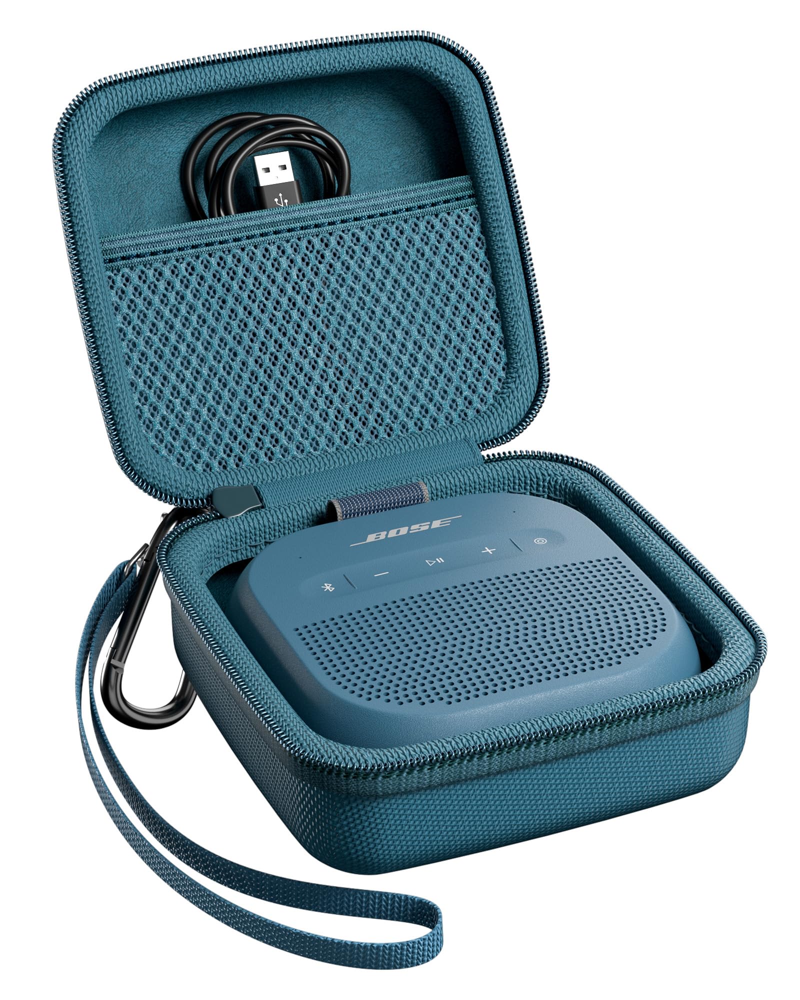 ProCase Etui podróżne do Bose SoundLink Micro 2. generacji i 1. generacji - wytrzymała przenośna torba z karabińczykiem i uchwytem do głośnika, akcesoriami i kablami, niebieska