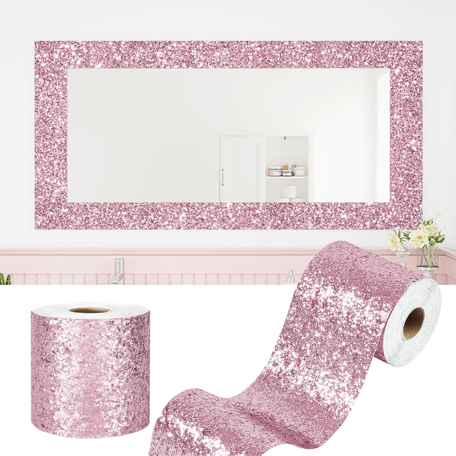 WESTICK Chunky Pink Glitter Wallpaper Border Sparkle Boarders for Bulletin Board Textured Peel and Stick Glitter Pink Border Trim Stickers for Bathroom Mirror Frame School Office Tape 160"x4"