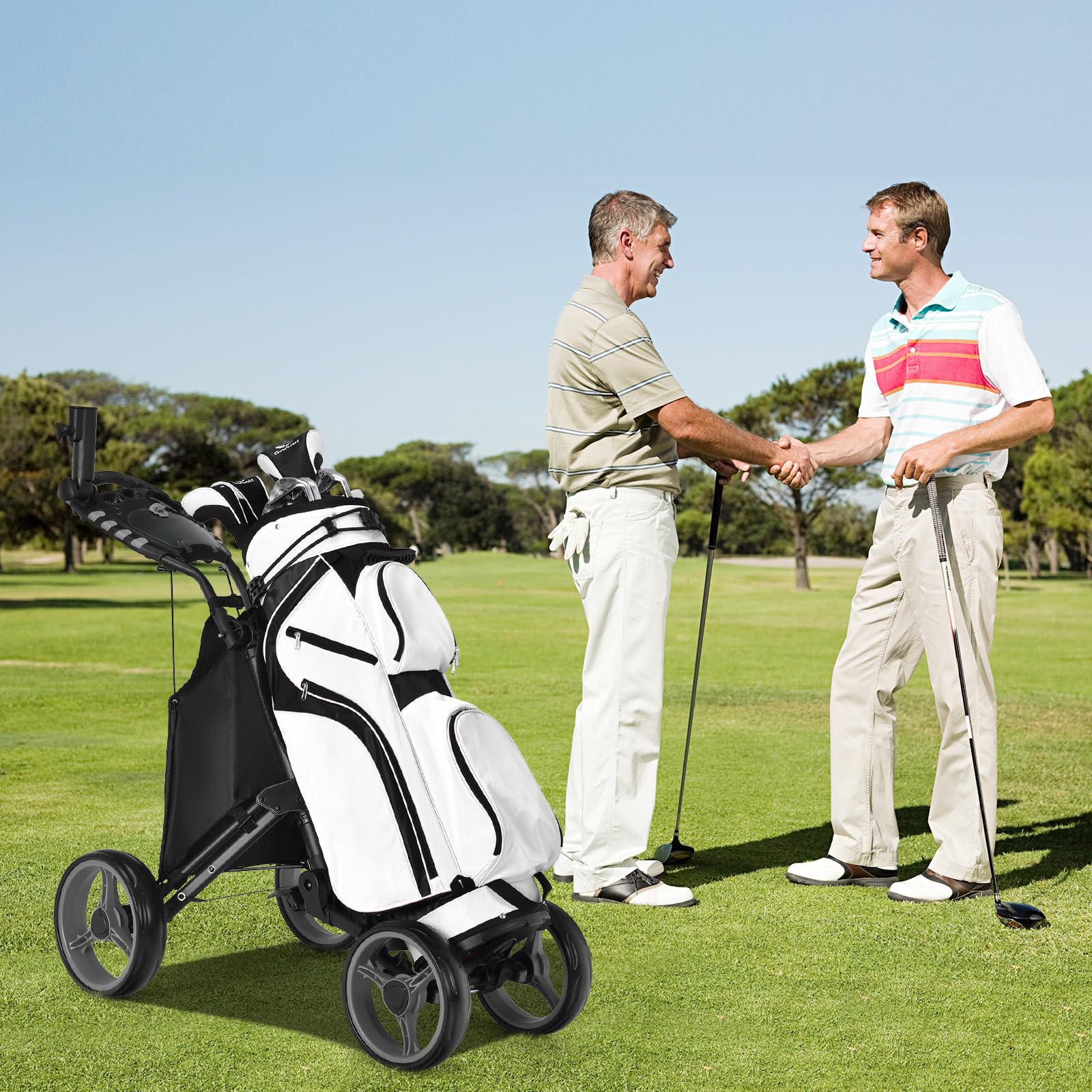 COSTWAY Golf Trolley, 4 Rad Golftrolley, Golfwagen klappbar, Golfcaddy aus Aluminum, Golfcaddy mit Schirmhalter, T-Stückhalterung und Aufbewahrungstasche (Grau)
