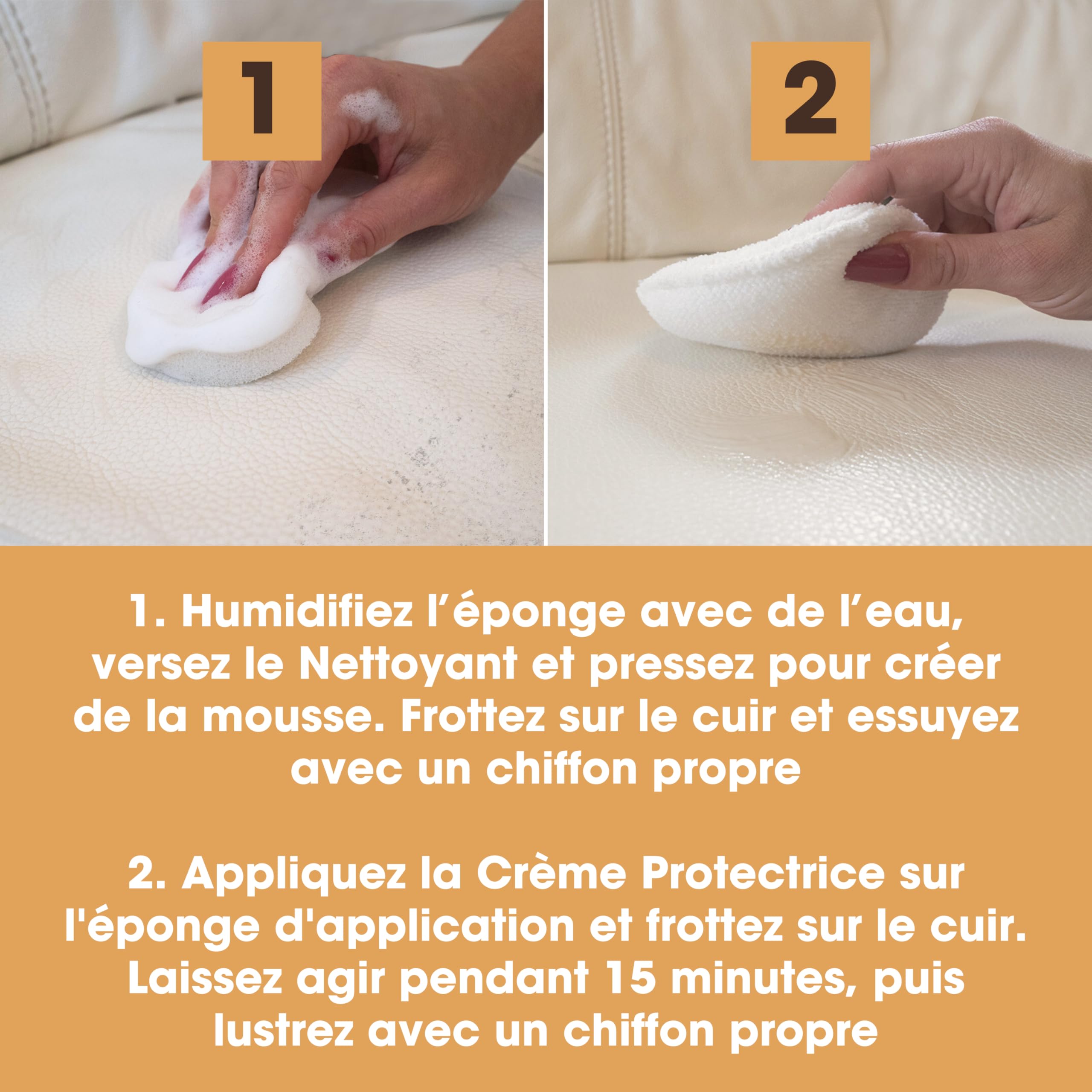 Furniture Clinic Kit d’Entretien Complet du Cuir Nettoyant Cuir & Crème Protectrice Cuir pour Canapés, Sièges de Voiture | Nettoyant Cuir Ultra 500 ML & Conditionneur Cuir 500 ML, Éponges