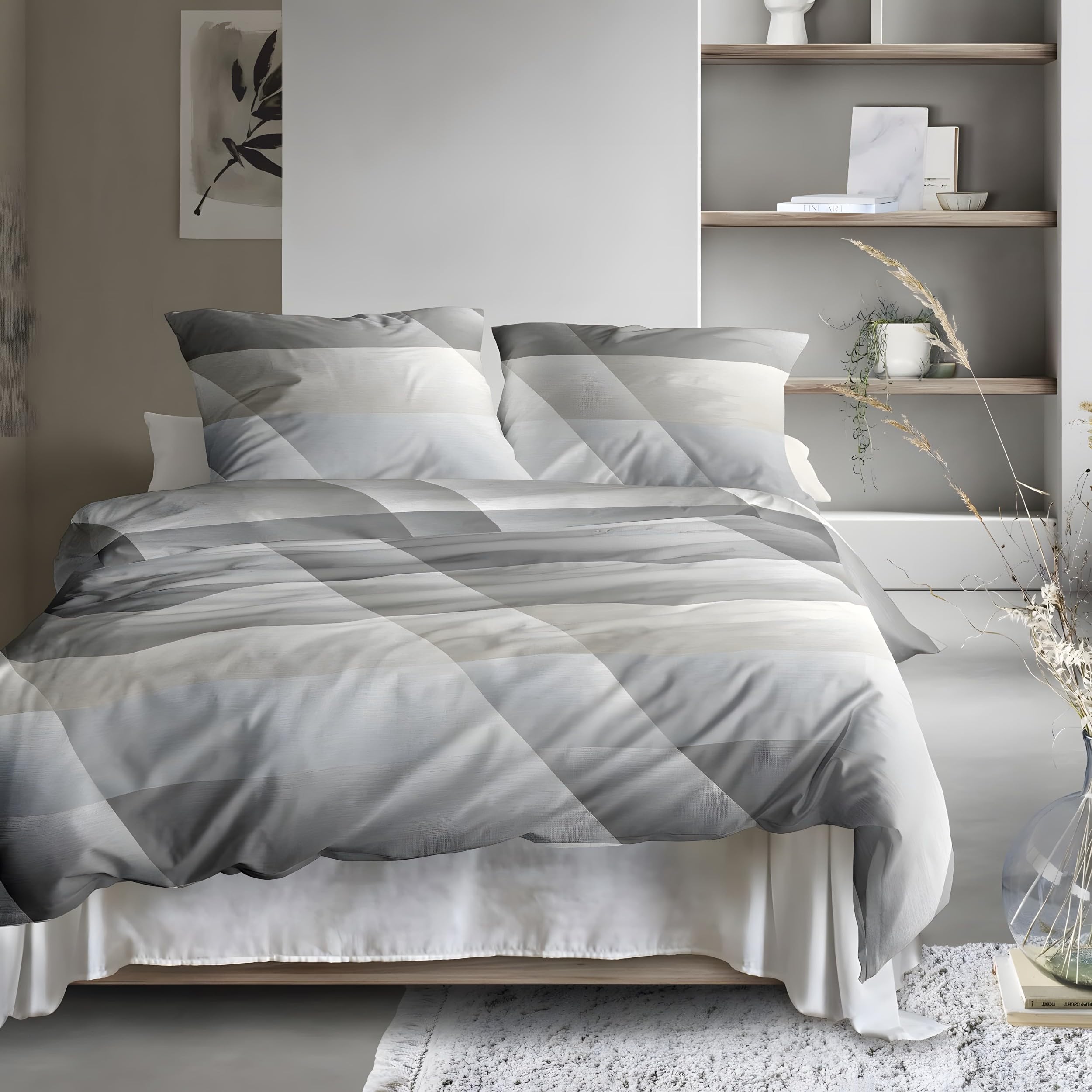 YZQGLHP Gray & White Geometric King Duvet Cover Sets Minimalist Style 3D Printed Duvet Cover Bedding Comfortable Microfiber Duvet Cover and 2 Pillowcases 50x75 cm, Perfect
