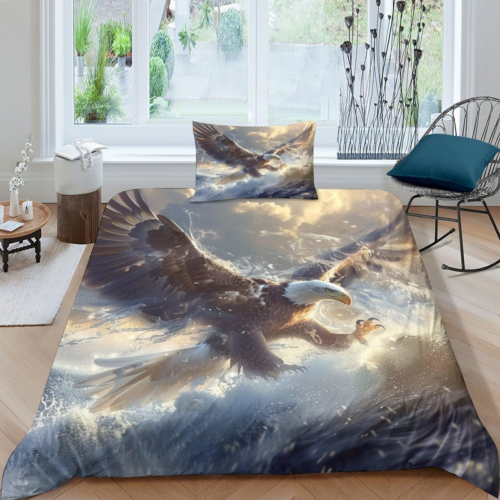 Ensemble de literie aigle 3D infroissable en microfibre douce 135x200cm