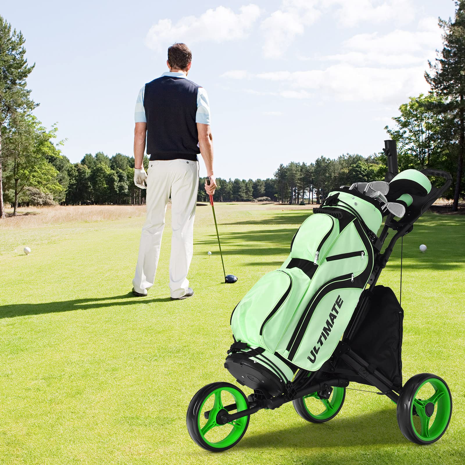 COSTWAY Carro de Golf Plegable 3 Ruedas con Bolsa Aluminio, Paraguas Regulable y Portavaso