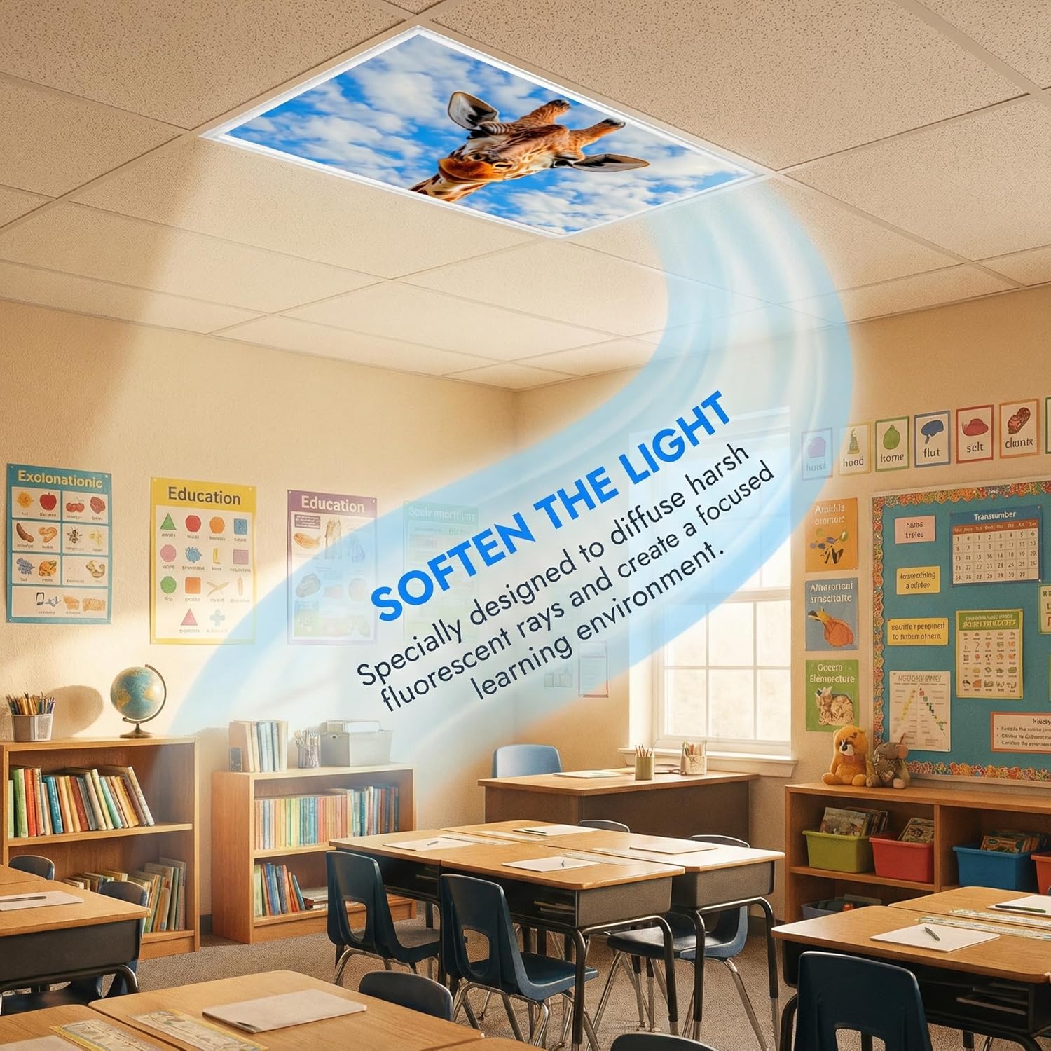 4 Pack Fluorescent Light Covers for Ceiling Lights -Magnetic Cloud Cover for Fluorescent Or LED Fixture 2ft x 4ft Classroom,Home,Office Decoration Filters Overhead Lighting- Giraffe
