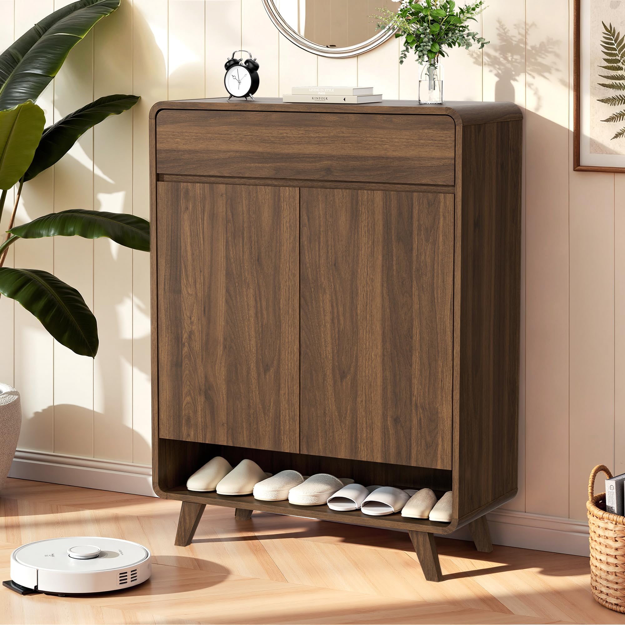 Pamapic Schuhschranks, Holz Schuhkommode mit 1 Schublade und 2 Türen, Schuhregal mit 4 Ebenen und Ablagen Regalen, Schmaler Schrank für Wohnzimmer, Flur, Schlafzimmer, 80 x 35 x 106,5 cm, Braun