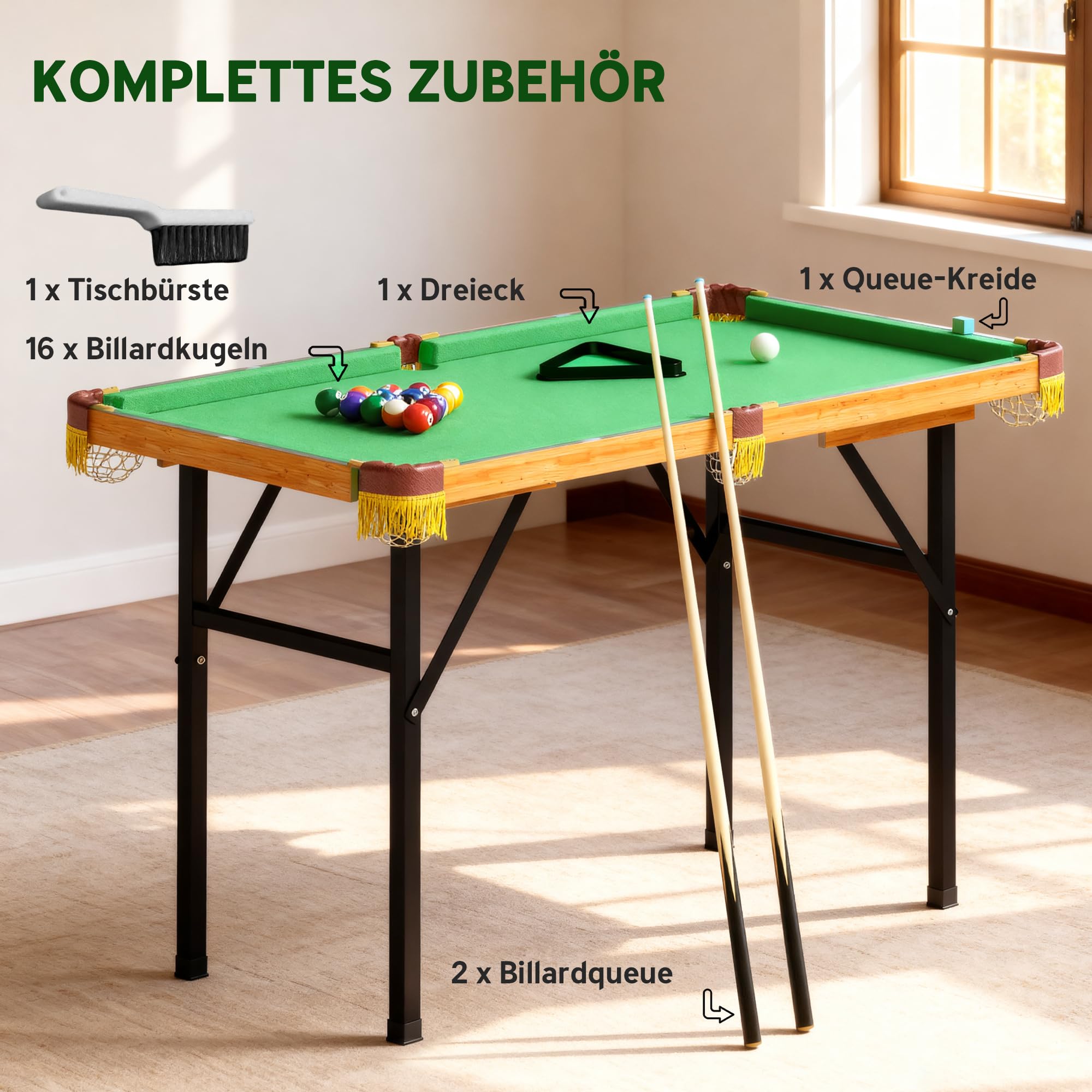SPORTNOW Tavolo da biliardo pieghevole, mini biliardo, con 2 stecche, 16 palline, gesso e triangolo, con spazzola per biliardo, tavolo da biliardo per adulti, 120 x 63 x 73,5 cm