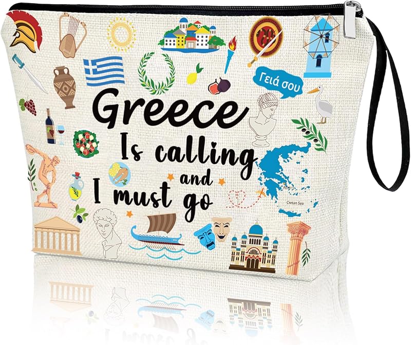 Necessaire de viagem Virfuntaki com zíper, estampa Greece Is Calling And I Must Go, linho branco, 1 unidade