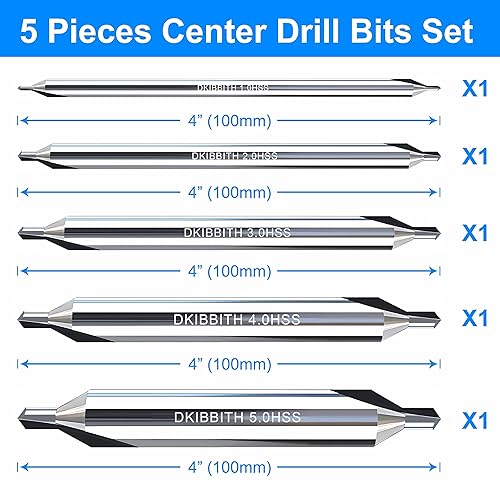 Miniatura 2 de DKIBBITH Juego de brocas centrales largas, 5 piezas, M2 HSS ángulo de 60 grados, 4 pulgadas, longitud total, kit de brocas centrales, herramientas