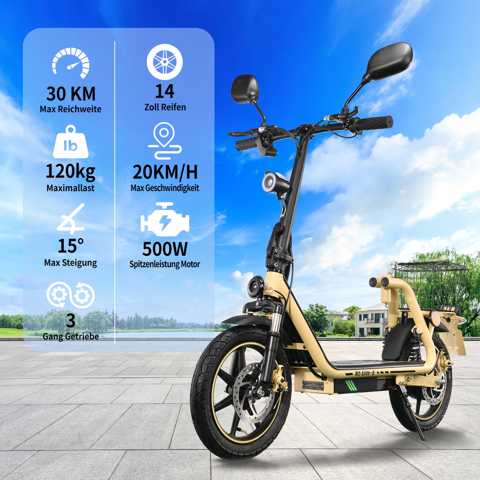 TWOFISH 14 Zoll Elektro Motorrad für Erwachsene, EEC Straßenzulassung, E Moped mit 500W Motor 48V 13Ah Akku, Disc Bremsen Doppelaufhängungg, 30 km Reichweite Max 120kg (Wüstenbeige)