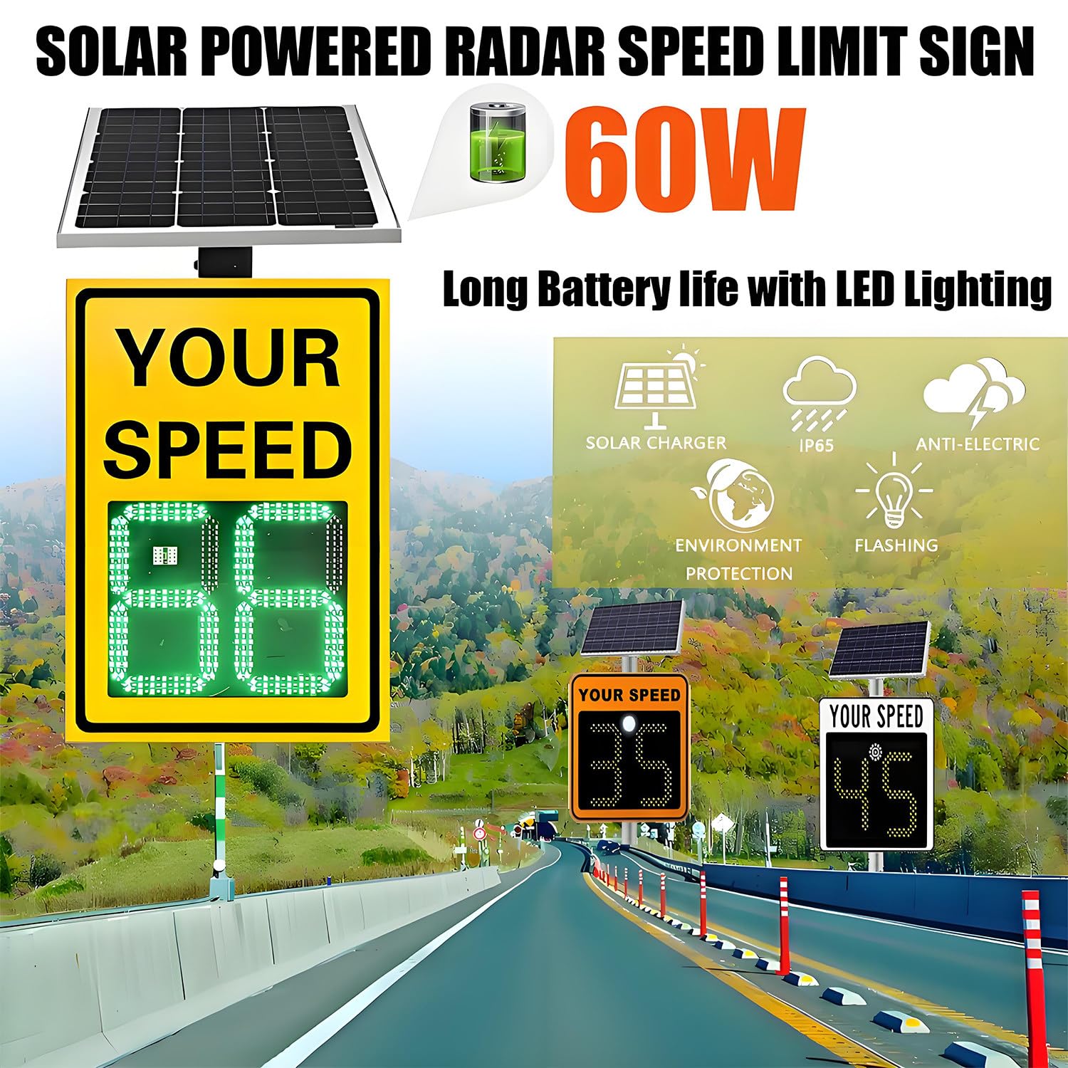 Señal de límite de velocidad con radar solar, pantalla LED, detector de radar solar, señales de tráfico de aluminio resistentes a la intemperie con kit de montaje y control remoto. Orange-50*70cm