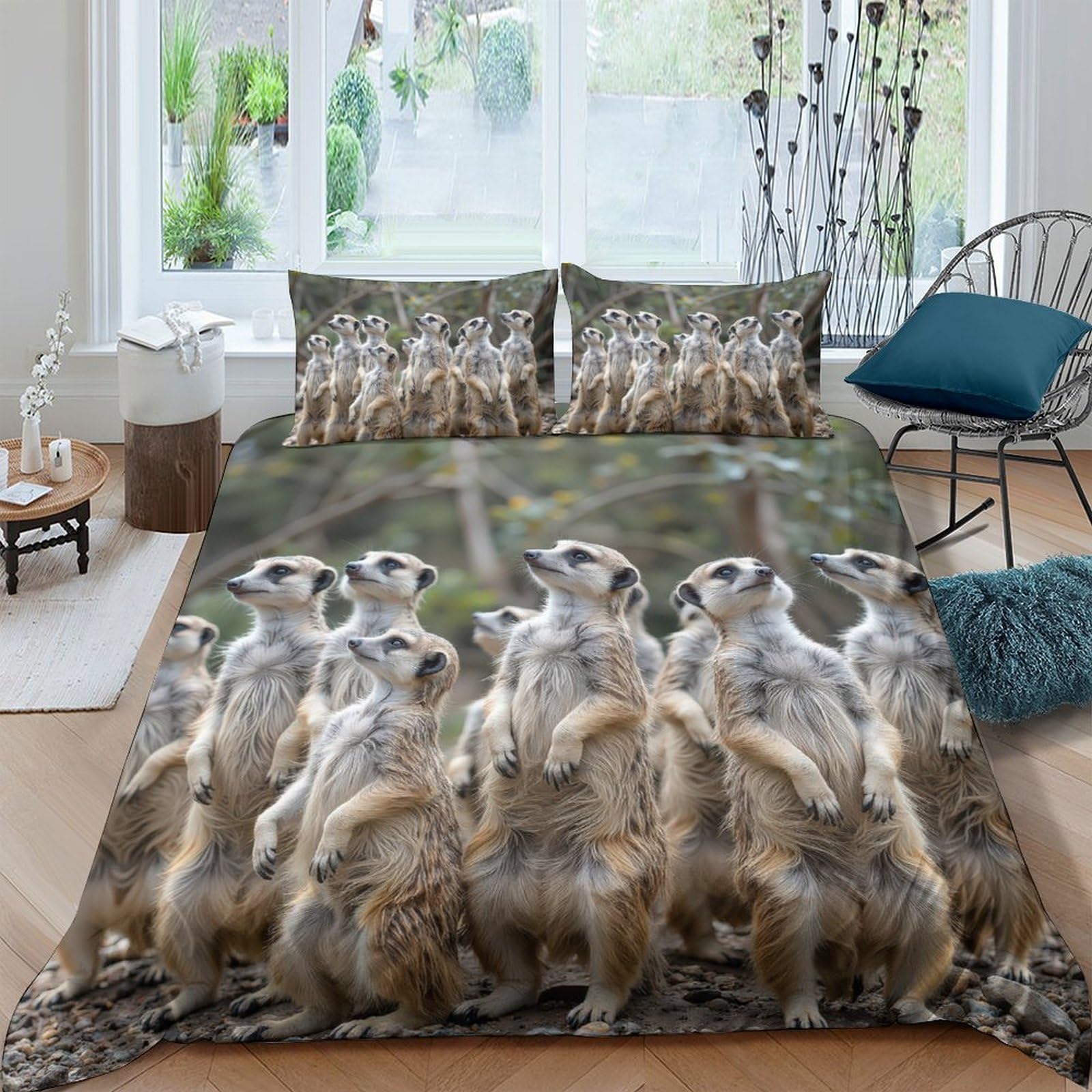 GPLZQXKJNH 3D Printed Meerkat Group Duvet Cover Microfiber Soft Breathable Wildlife Bedding Set with 2 Pillowcases for Bedroom Decor Single（135x200cm）