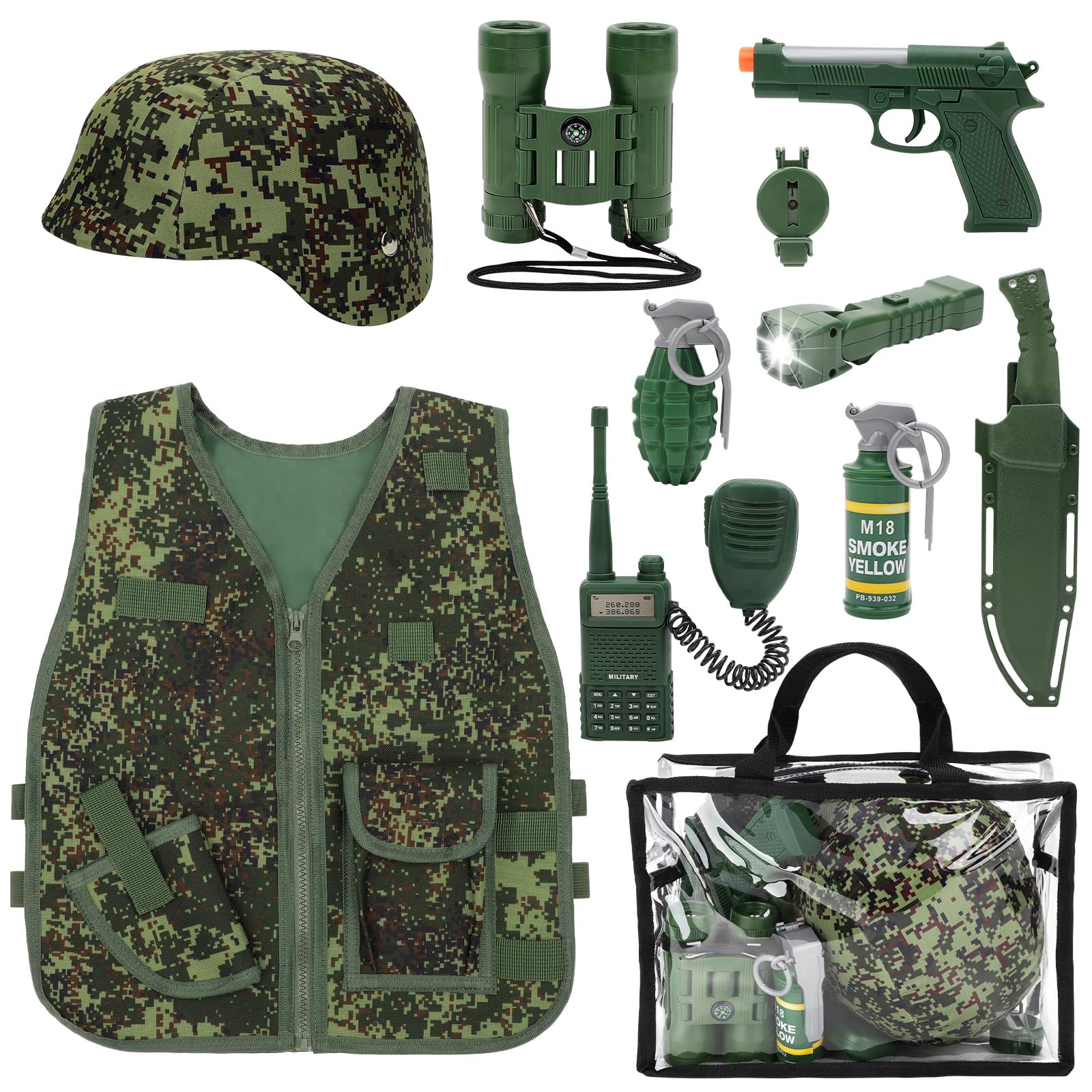 deAO Soldier in Combat Costume, Military Uniform Set with Camouflage Vest, Helmet, Telescope, Military Toy Accessories Gun, Pretend Play Kids 3-10 Years Old