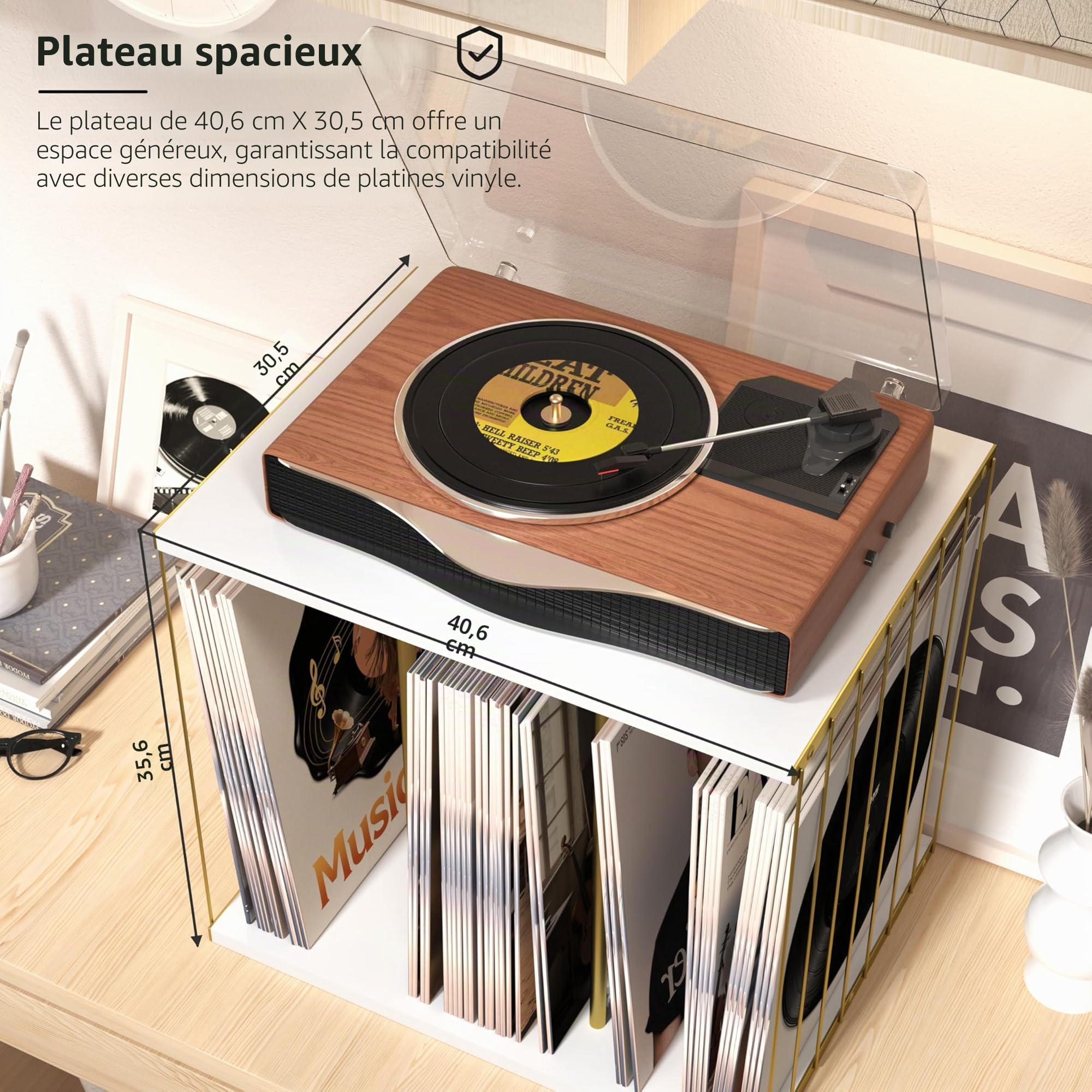Porte Vinyle Bois Cadre Vinyle avec 3 Compartiments Style Vintage Multifonctionnel Meuble Porte Disque Vinyle pour Exposer jusqu'à 80-100 Album et Magazines pour Salon, Bureau et Studio(Blanc)
