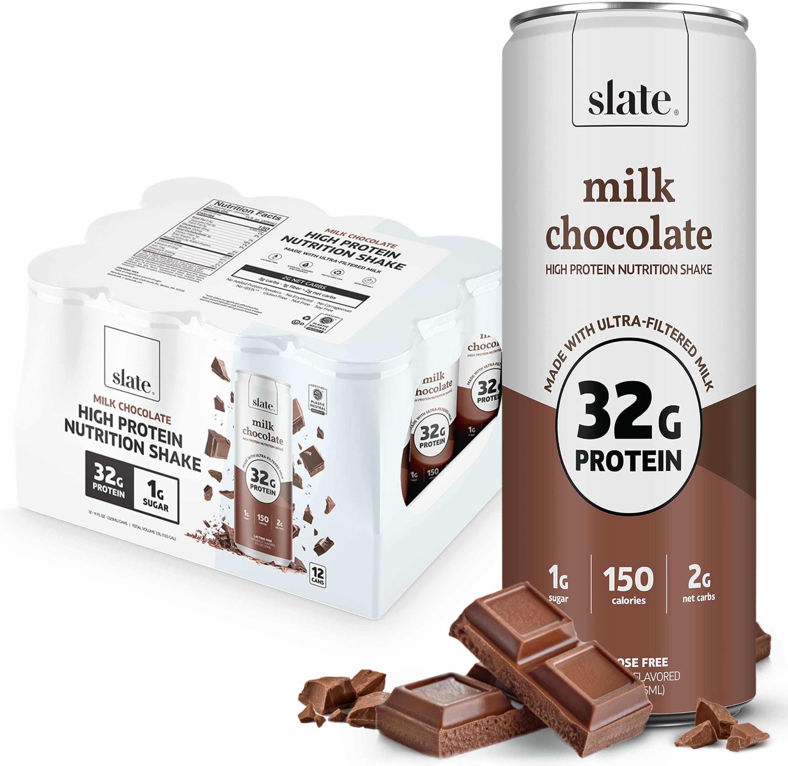 Milk - High Protein Nutrition Shake - Milk Chocolate - 32g Protein, 1g Sugar, 150 Calories, 2g Net Carbs - Lactose Free - No Added Sugar - Breakfast Boost, Post Workout - 11 fl oz, 12 Cans
