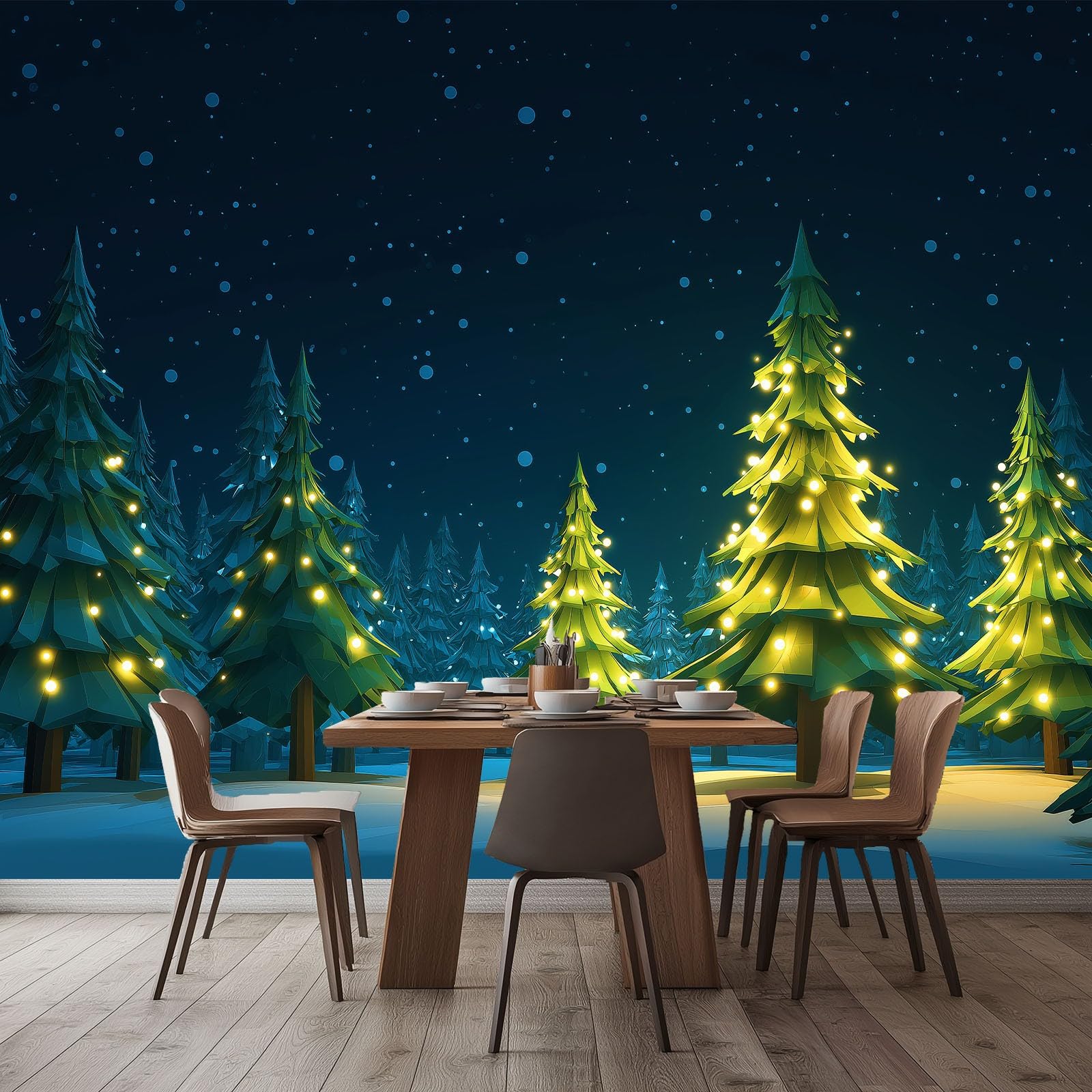 Panoramiczna tapeta krajobraz śnieżny las brzozowy zielony las, nowoczesne zdjęcie ścienne 250 x 175 cm - tapeta dekoracja domu z kreskówek do salonu pokoju dziecięcego biura