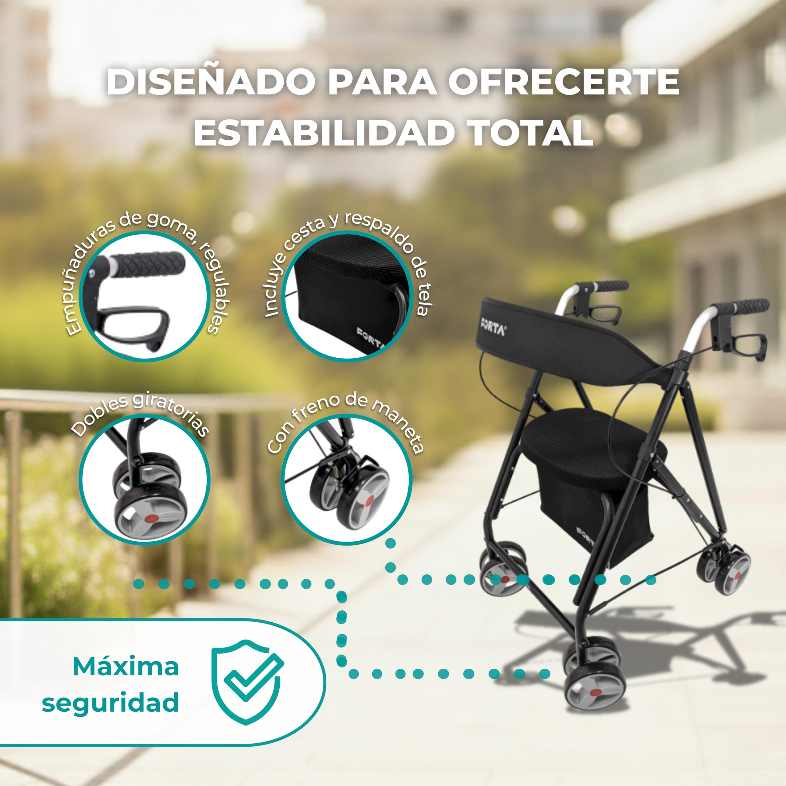 Forta Drakon 2 - Andador ligero y plegable para personas mayores - Con asiento, regulable en altura, freno de mano, para uso en exteriores - Capacidad de carga hasta 130 kg (Negro)