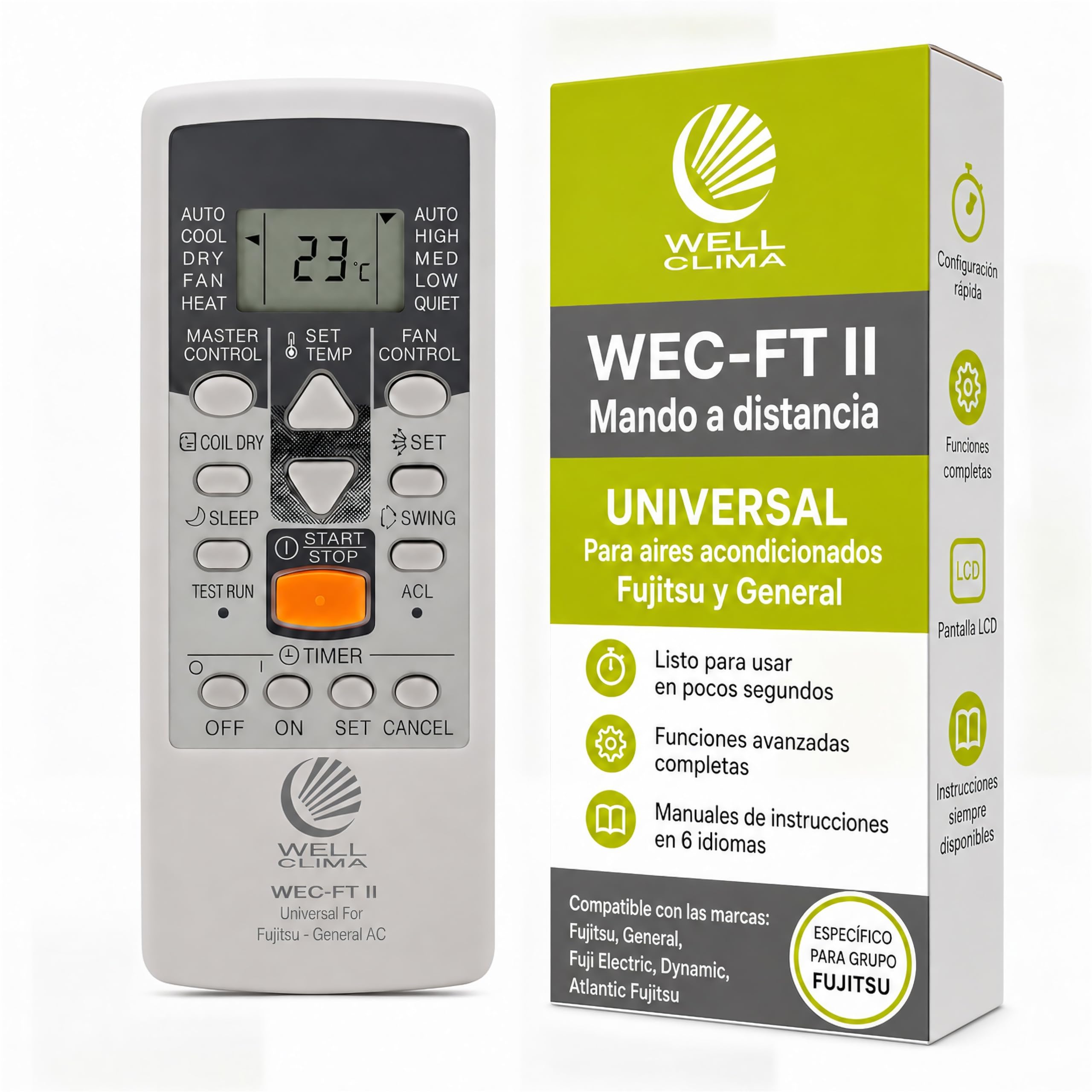 Wellclima WEC-FT II Mando Universal Compatible con Aires Acondicionados Fujitsu y General, Funciones Avanzadas, hasta 4 Velocidades de Ventilador, Listo para Usar en Segundos, Asistencia Wellclima