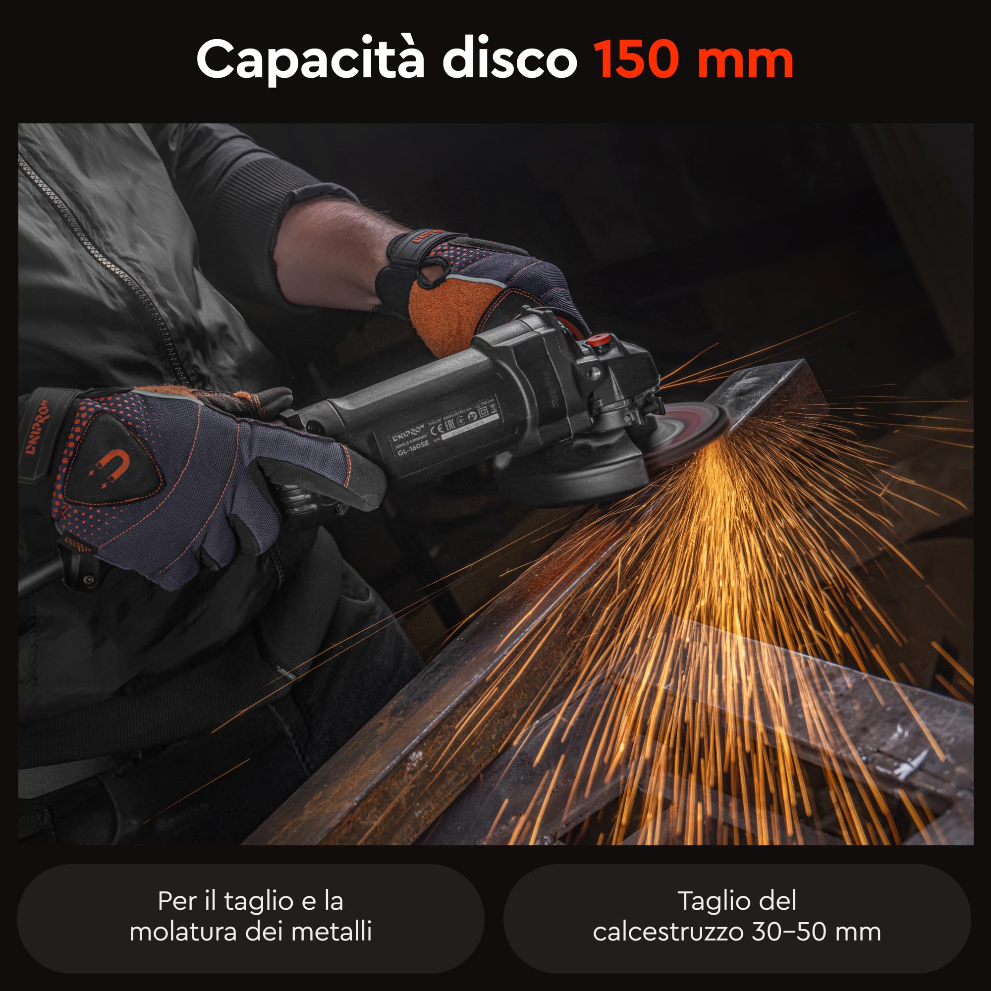 Smerigliatrice Angolare GL-160SE 1100W 125mm - Flessibile da Taglio, 5500-10500 giri/min con Velocità Regolabile, Constant Power, Avvio Graduale e Attacco M14 per Metallo, Cemento e Pietra di Dnipro-M