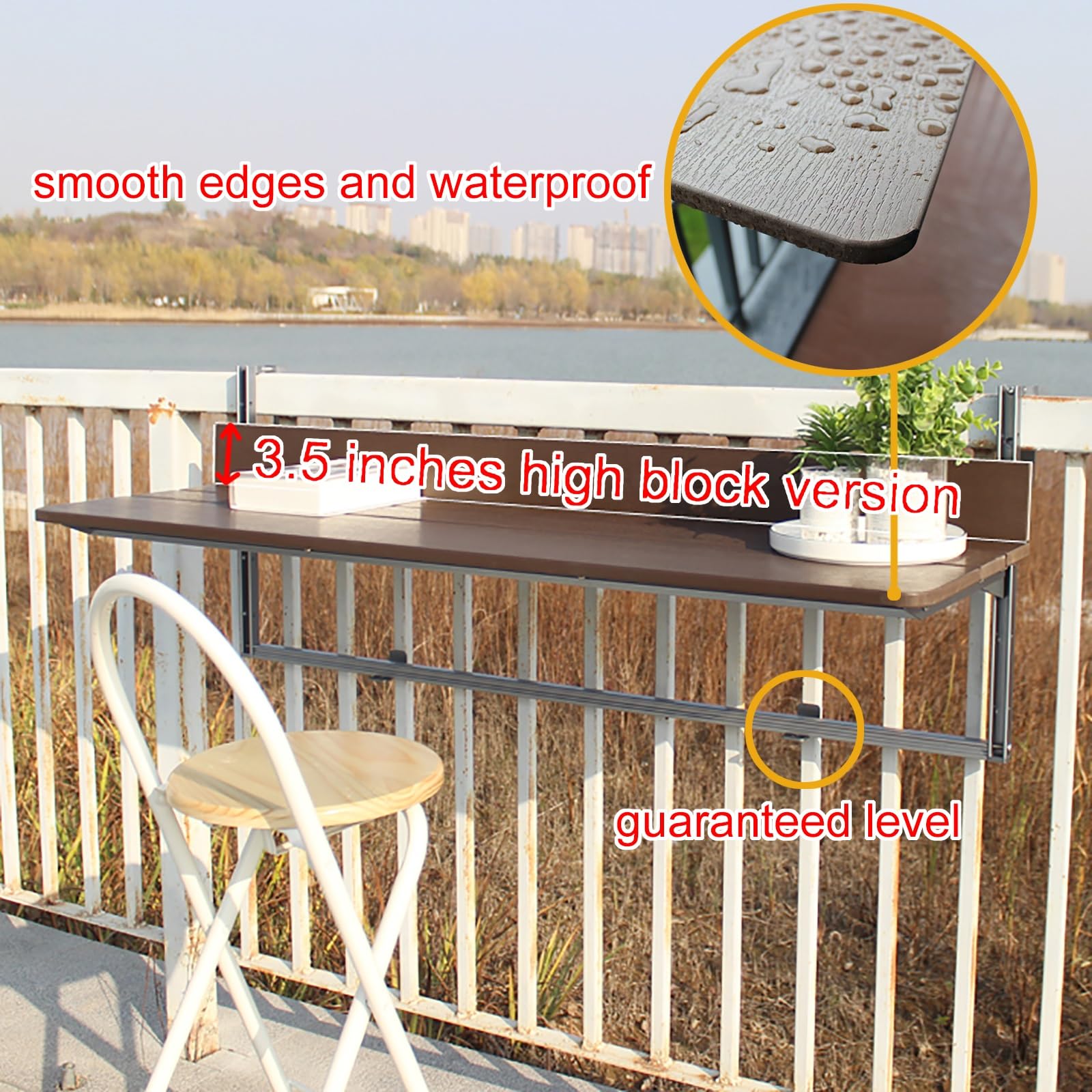 Tavolo da appendere per patio esterno per ringhiere da balcone, in alluminio, regolabile, pieghevole, bancone da bar per terrazza da giardino