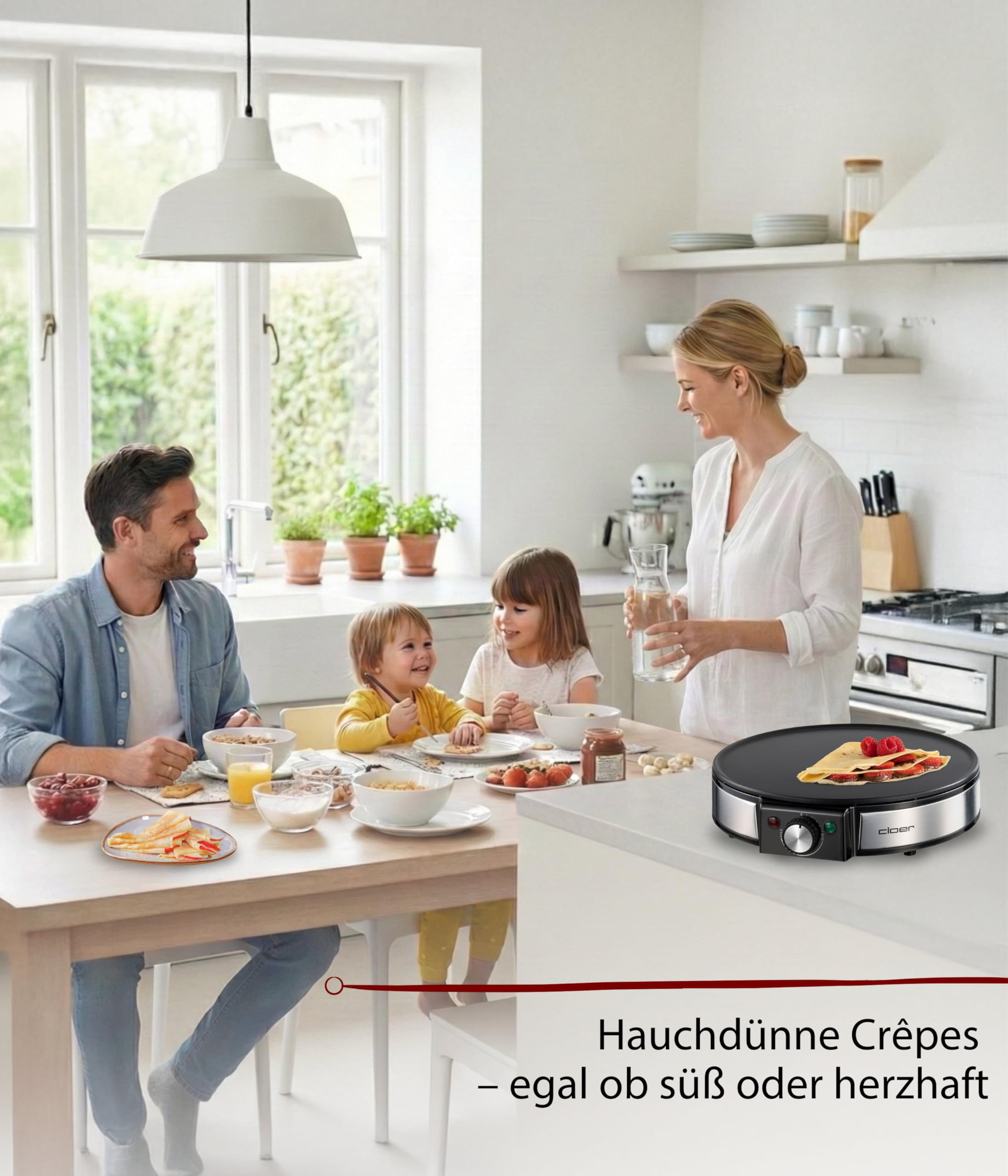 Cloer 6630 Crêpes-Maker für hauchdünne Crêpes, 30 cm Durchmesser, inkl. Teigverteiler und Wender, Crêpes-Platte mit Antihaftbeschichtung und stufenloser Temperaturkontrolle, 1200 W