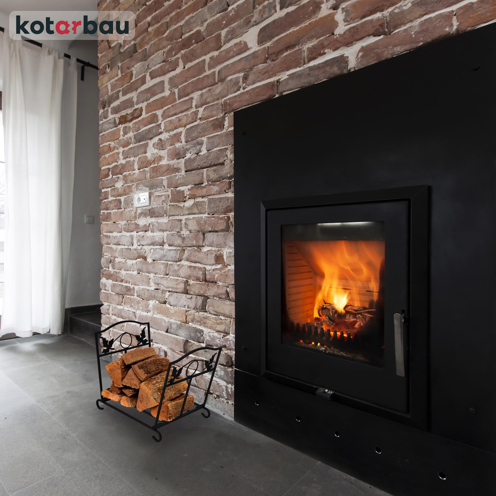 KOTARBAU® Porta Legna per Interni - Scaffale in Acciaio Verniciato a Polvere - 43x31,5x40 cm - Nero - Faltabile - Porta Legna Camino - Portalegna Moderno - Design Decorativo