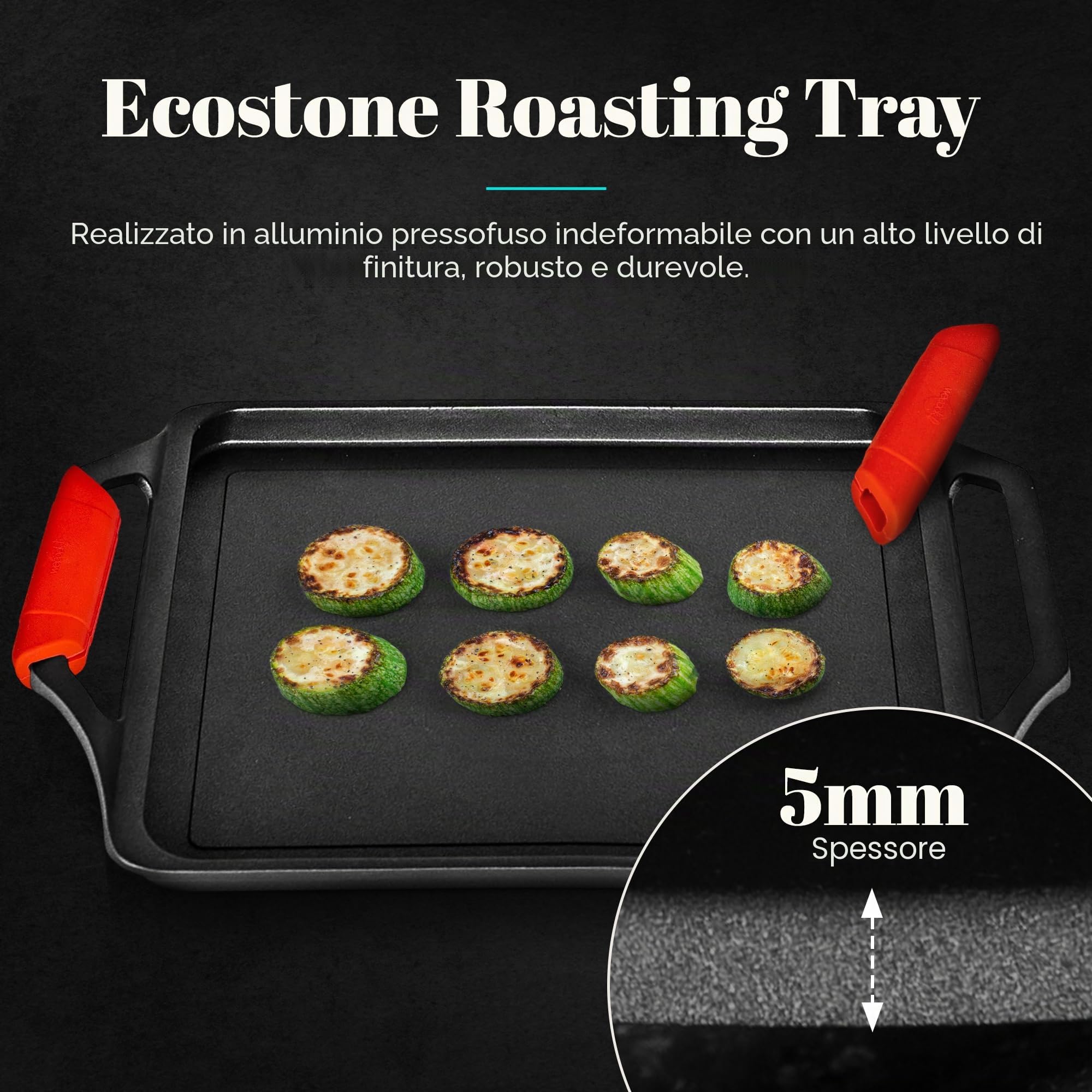 WECOOK! Ecostone Bistecchiera Induzione 43 X 25cm, Piastra per Grigliare, Alluminio Fuso, Antiaderente XTRA DUPONT Ecologico senza PFOA, 5mm Spessore, Maniglie in Silicone, Vitroceramica, Gas, Forno