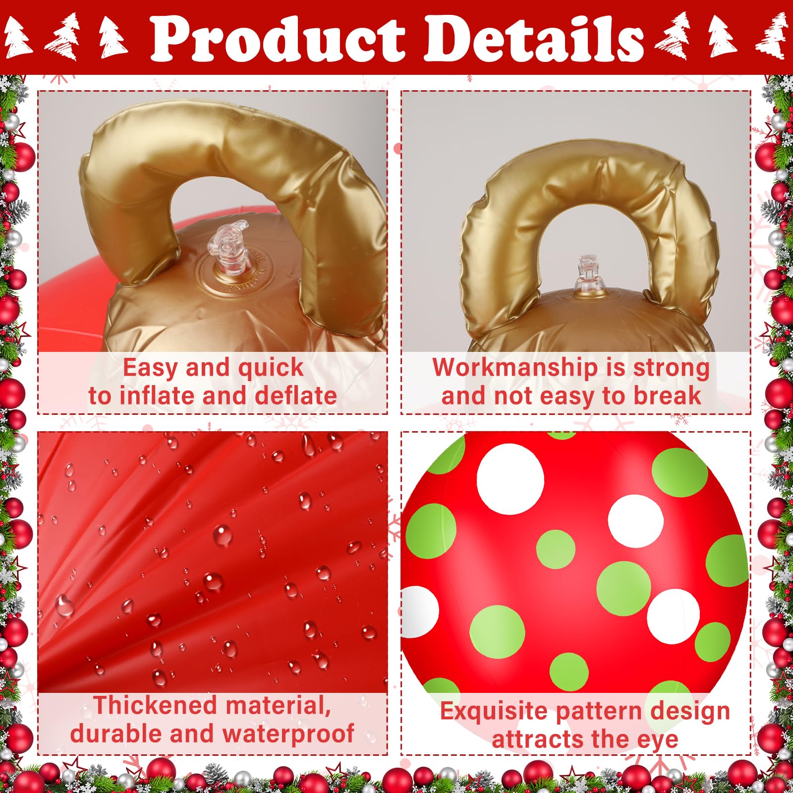 Jetec Lot de 4 grandes boules de Noël gonflables géantes de 81,3 cm en PVC pour l'extérieur, cour, pelouse, porche (rouge, vert, blanc, rayures)